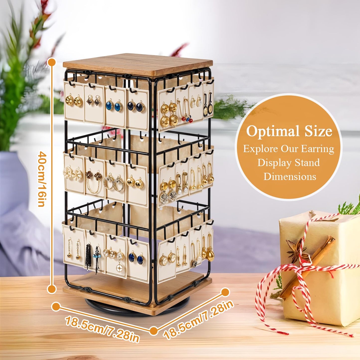 Rotating Earring Display Holder Stand for Vendors Events Selling, Large Capacity 48 Hooks Jewelry Rack with Wooden Base for Earring Card Sales, Enhances Retail Visibility