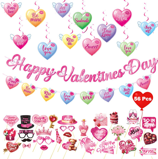 56 Pcs Valentines Party Decorations Kit, Happy Valentine’s Day Banners Hanging Swirls and 30 Pcs DIY Selfie Photo Props Party Supplies, for Wedding Party Home Office Ornaments