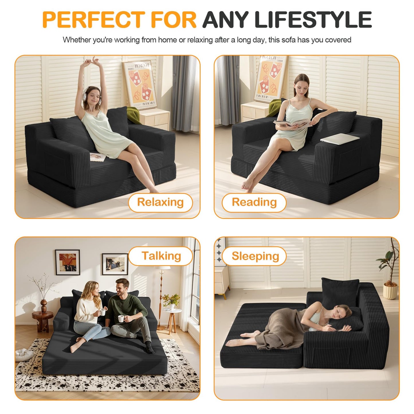 Erament Loveseat Boneless Convertible Sofa Bed, Folding Floor Futon Sleeper Sofa Couch Bed- Boneless Foldable Couch, Corduroy Pull Out Sofa Bed with 2 Pillows for Living Room & Bedroom