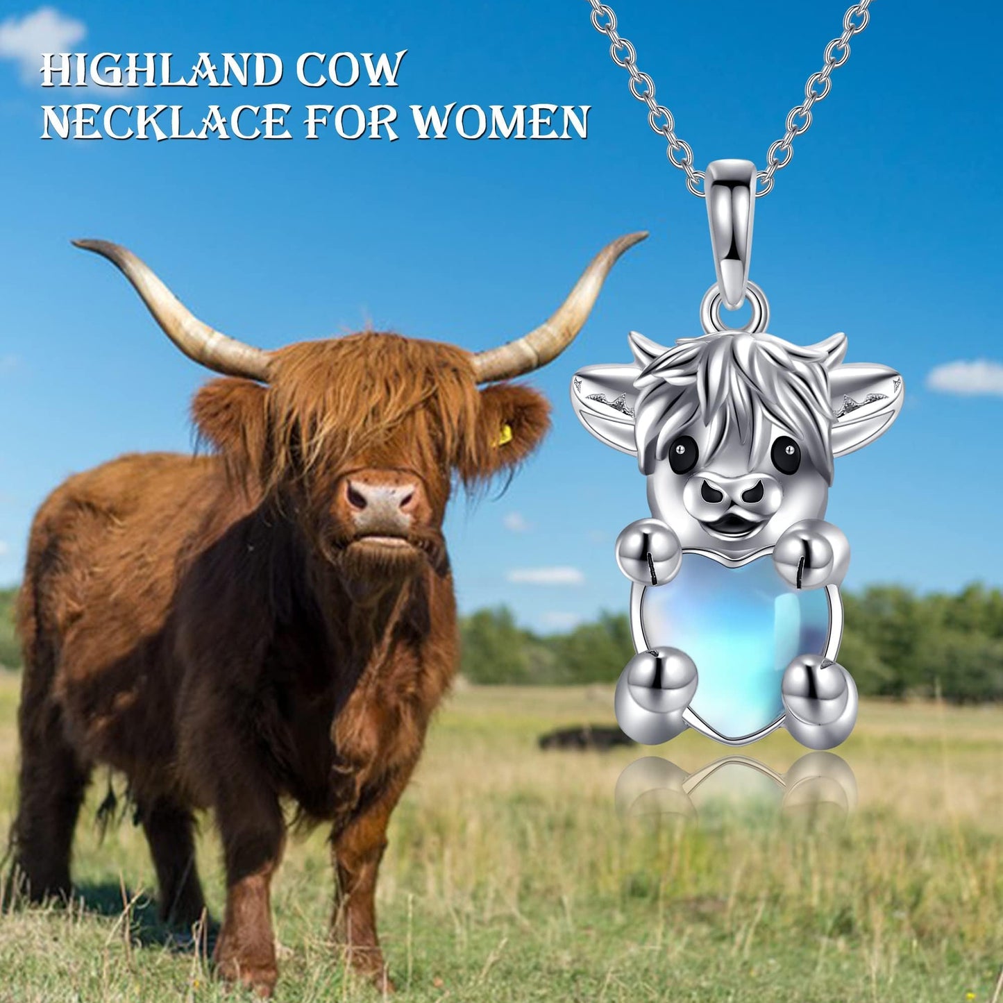 YAFEINI Highland Cow Necklace 925 Sterling Silver Moonstone Highland Cow Pendant Mother's Day Jewelry for Women Mom