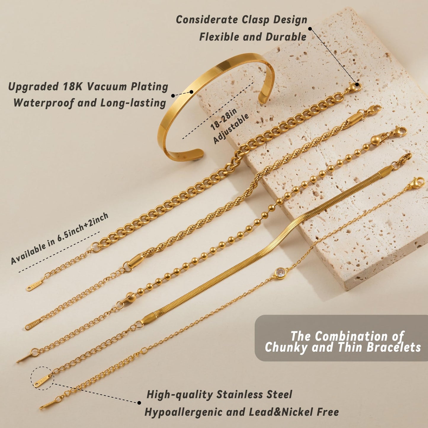 LOFITOR Gold Bracelets for Women Dainty Non Tarnish Link Chain Bracelets Set for Women Trendy Adjustable Chunky Thin Bracelets Stack Layered With Cuff Beaded Cuban Rope CZ Heart Cross Jewelry Gifts CZ