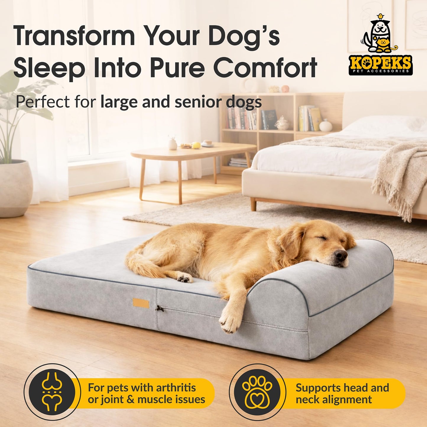 KOPEKS Orthopedic Memory Foam Dog Bed 7" Inch Thick Extra Large Dog Bed With Pillow Grey 50"x34"x10" Includes Waterproof Liner & Durable Removable Cover With Smart Design