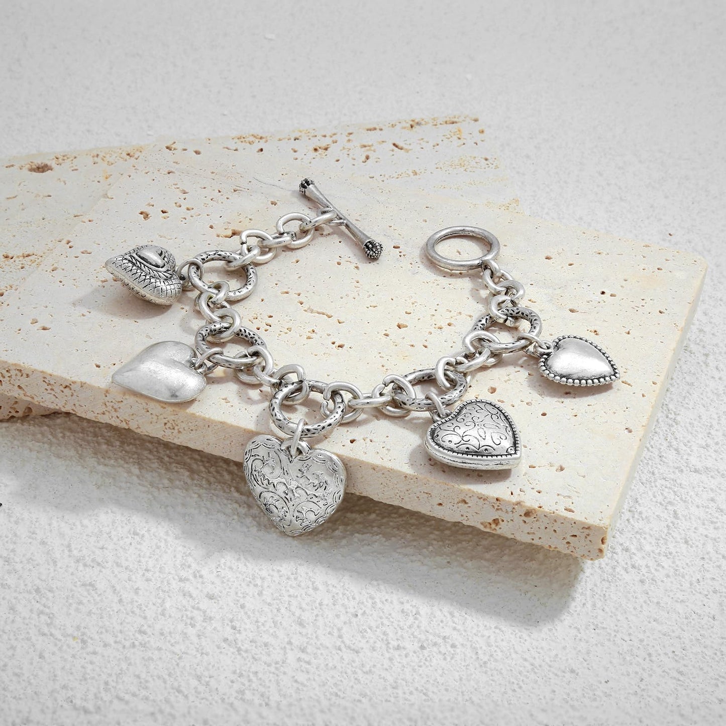 ENSKEFEN Vintage Heart Charm Bracelets for Women Matte White Gold Link Chain Bracelet with 5 Unique Heart Pendants OT Toggle Bracelet