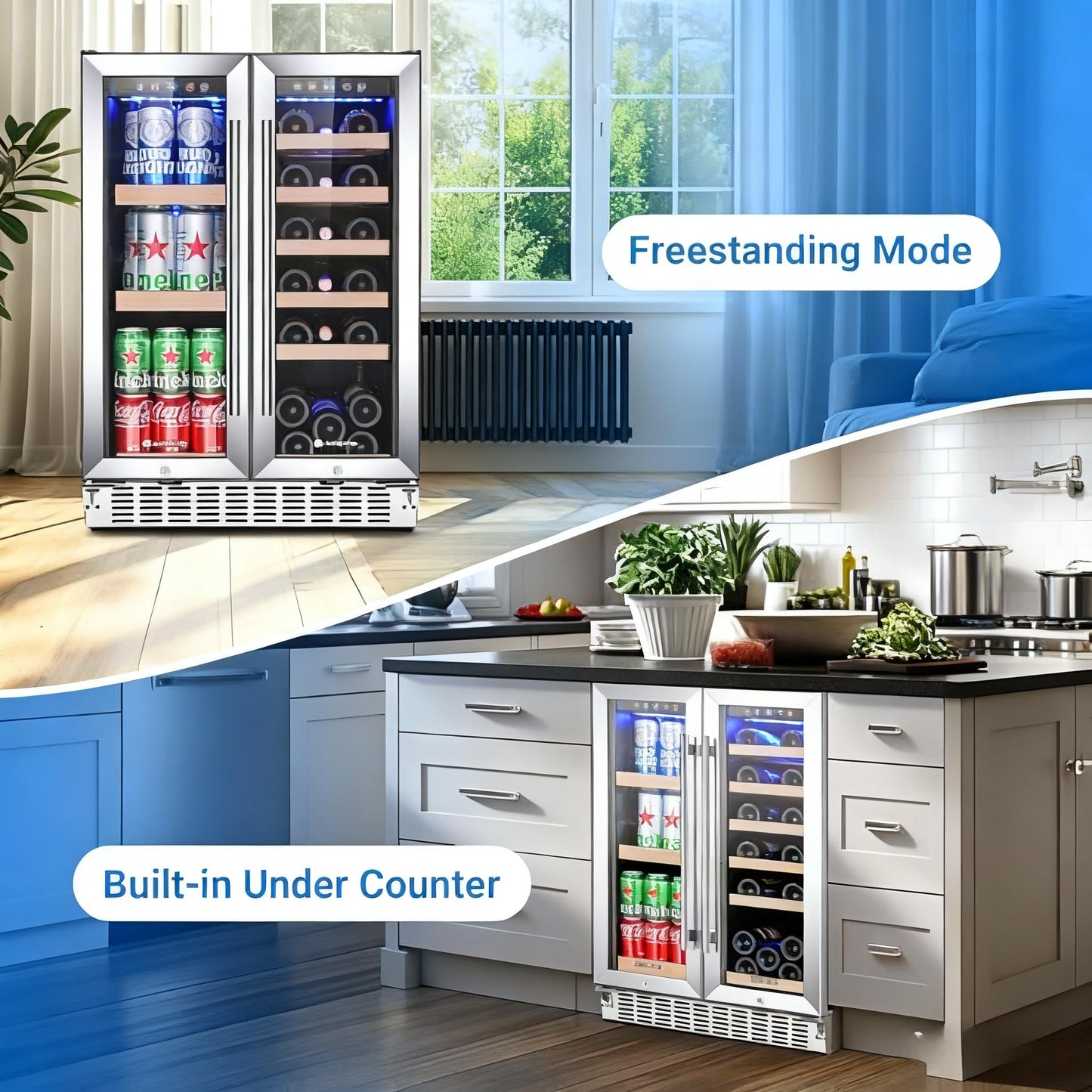 AAOBOSI Upgraded 88 Cans Dual Zone Wine and Beverage Cooler,Built-in and Freestanding,Removable Fashion Wooden Frame,Intelligent Digital Temperatrue Control,Low Noise,Dual Zone 24 Inch 19 Bottles
