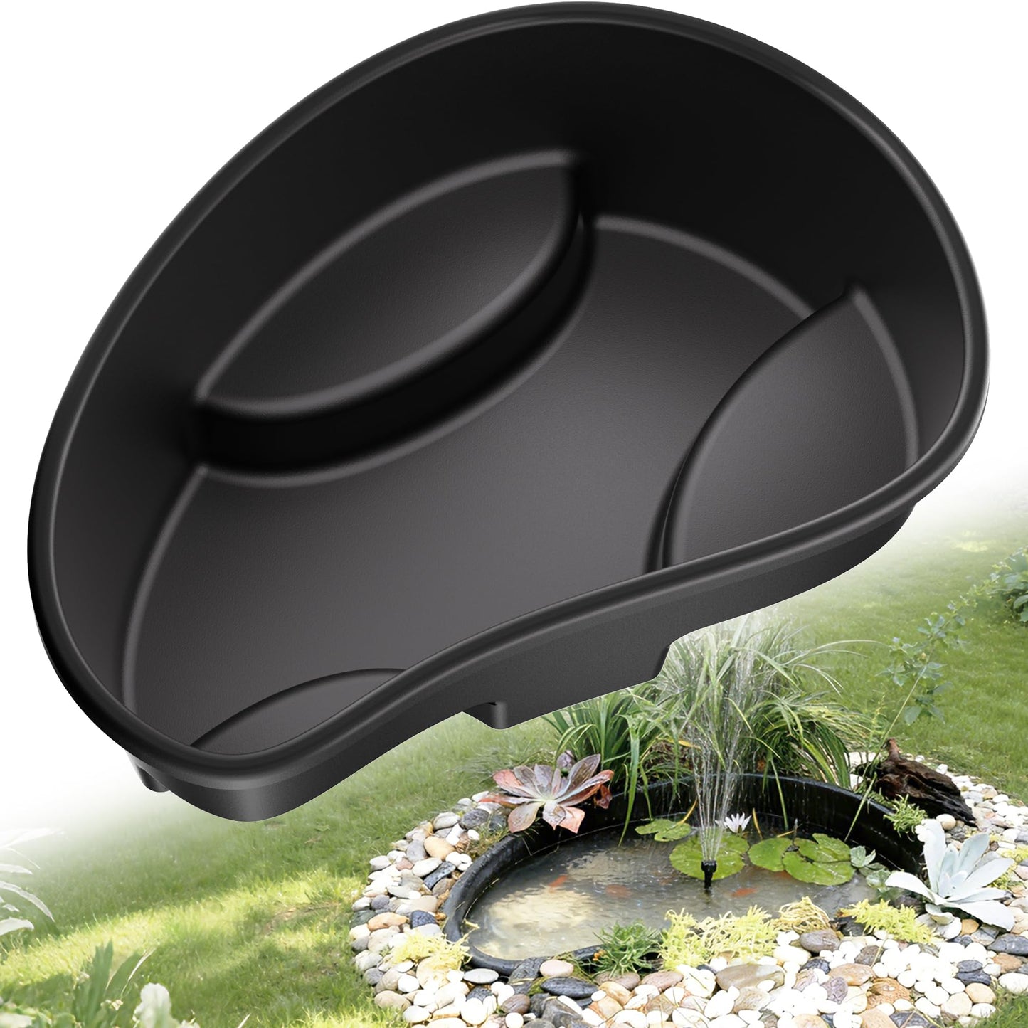 POPOSOAP Preformed Pond Liner, 33 Gallon Rigid Plastic Pond Tub Heavy Duty U-V Resistant Basin with Integrated Plant Shelves for Backyard, Garden and Patio Landscaping P797