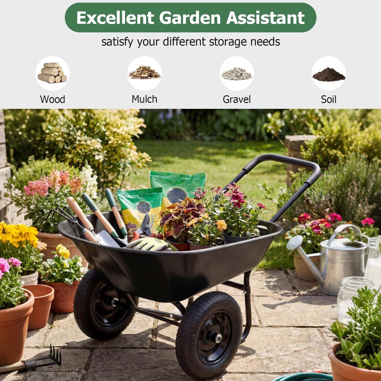 ERGOMASTER Dual-Wheel Wheelbarrow, Home Utility Garden Cart, 330 LBS Capacity, Large Heavy Duty Yard Cart for Gardening & Planting, Lawn, Farm, Construction Site, Black