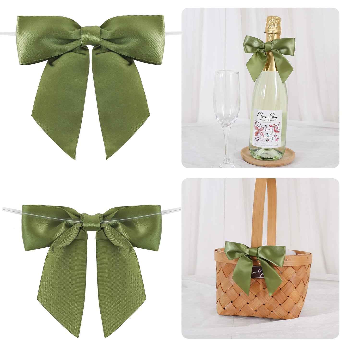 TONIFUL 50pcs Moss Satin Ribbon Bows with Twist Tie, 4.5 Inch Sage Satin Bows for Gift Wrapping, Treat Bags, Crafts, Bottles, Christmas Tree, Wedding, Baby Shower, Birthday Party Decorations