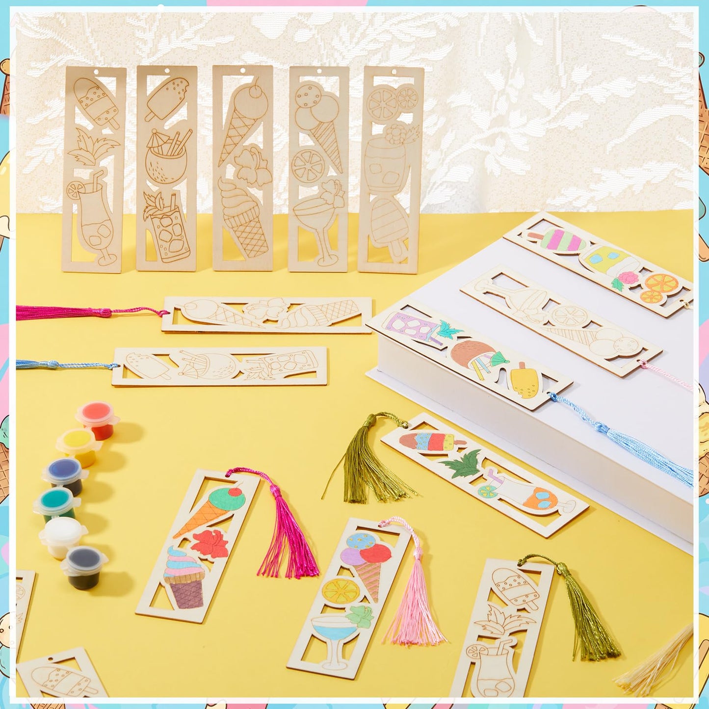 Yexiya 200 Pcs Ice Cream Color Your Own Bookmarks Kit, Summer DIY Coloring Blank Wooden Bookmarks, 100 Set Unfinished Bulk Hollow with Tassel Craft for Classroom Activities Birthday Party Favors Gift