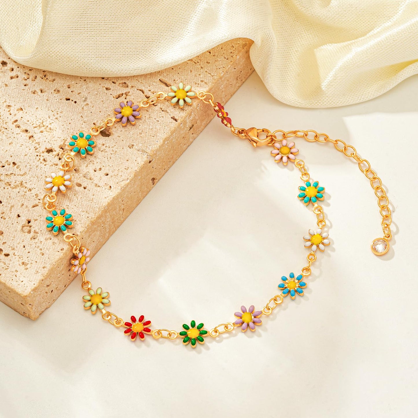 MTMY Gold Anklets for Women 14K Gold Plated Colorful Tassel Foot Chain Dainty Adjustable Cute Summer Beach Boho Anklets Jewelry Gift for women (colorful daisies)