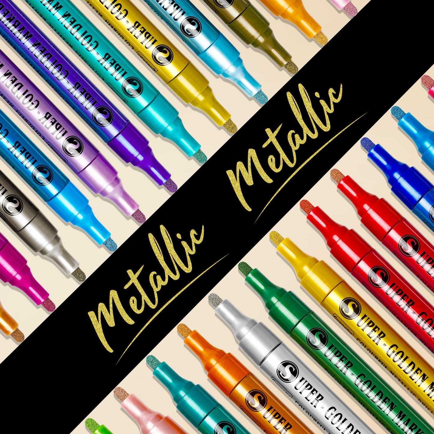 Redfun 12 Colors Metallic Acrylic Paint Markers, Super Golden Glitter Markers Painting Pen Sets for Black Paper, Scrapbook, Card Making, Rock, Glass, Wood, Fabric, Metal, Christmas DIY Crafts