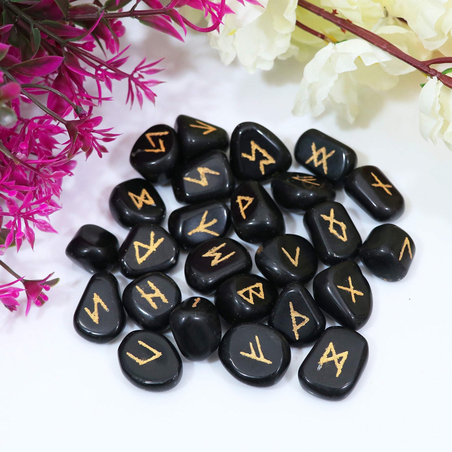 Crocon Fathers day gift Black Tourmaline Tumble Shape Gemstone Runes Stones with Elder Futhark Alphabet Engraved 25 pcs Runes Set Crystal Divination Healing Chakra Reiki with a Pouch Size : 15-20 mm