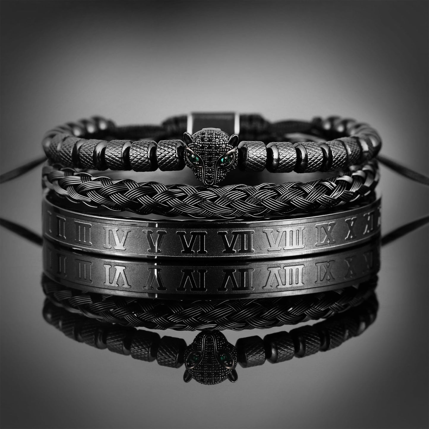 WFYOU 3PCS Stainless Steel Bracelets for Men Gold Roman Numeral Bangle Bracelet Twisted Cable Bracelet Adjustable Cuff Bracelet Mens Luxury Jewelry Bracelets Gifts(O:Black-CZ Leopard Head)