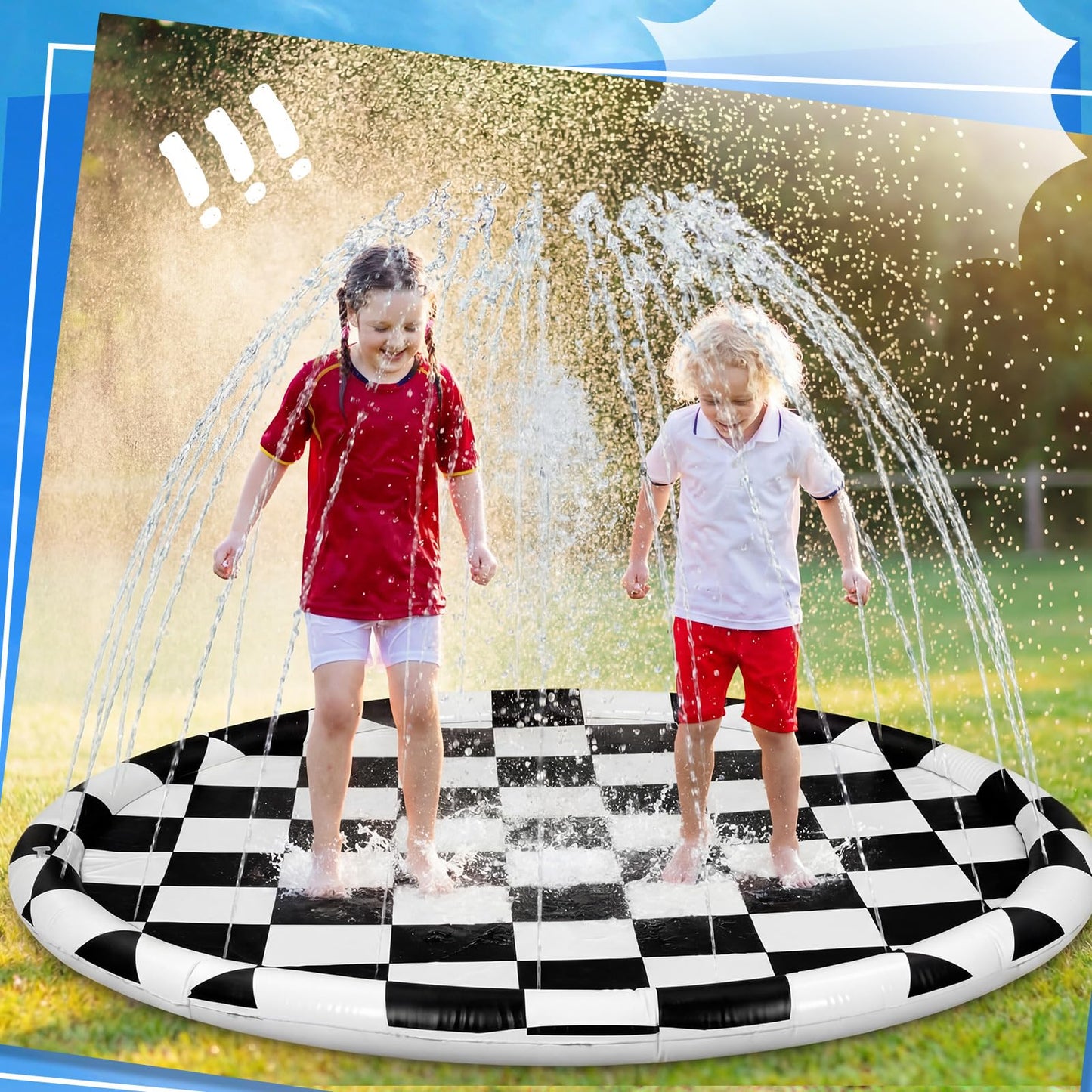 Skylety 60" Black White Checkered Non-Slip Kids Dog Splash Pad Sprinkler Large Splash Pad Sprinkler Fountain Play Mat Summer Outdoor Water Toys for Pet Dog Kids Toddlers Backyard