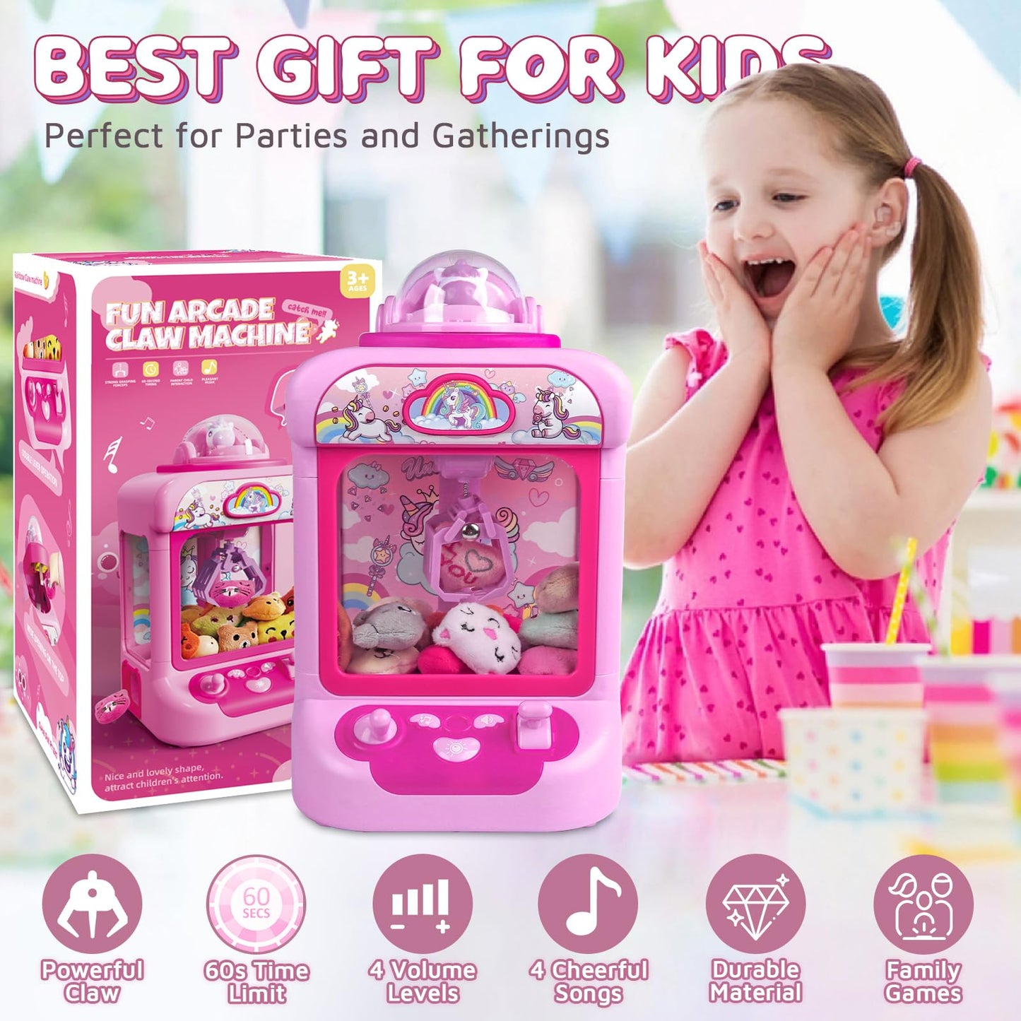 Marlrin Claw Machine for Kids, Mini Vending Machine Girls Unicorn Toys, Candy Grabber Prize Dispenser with Sound & 20 Mini Plush Toys, Electronic Arcade Game Indoor Toy for Home Party Birthday Gifts