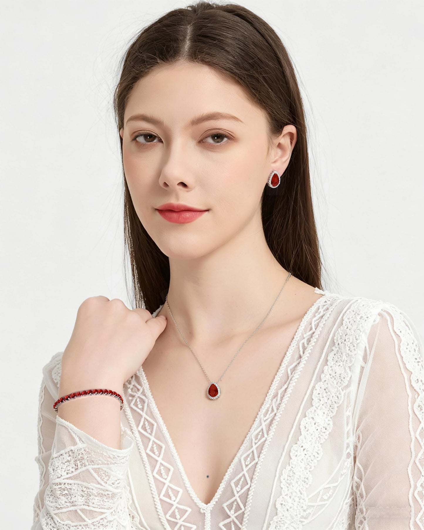 UDYLGOON Teardrop CZ Bridal Jewelry Set Imitation Diamond Earrings Necklace Bracelet for Bride Bridesmaids Wedding Prom Party (Tennis-Red)