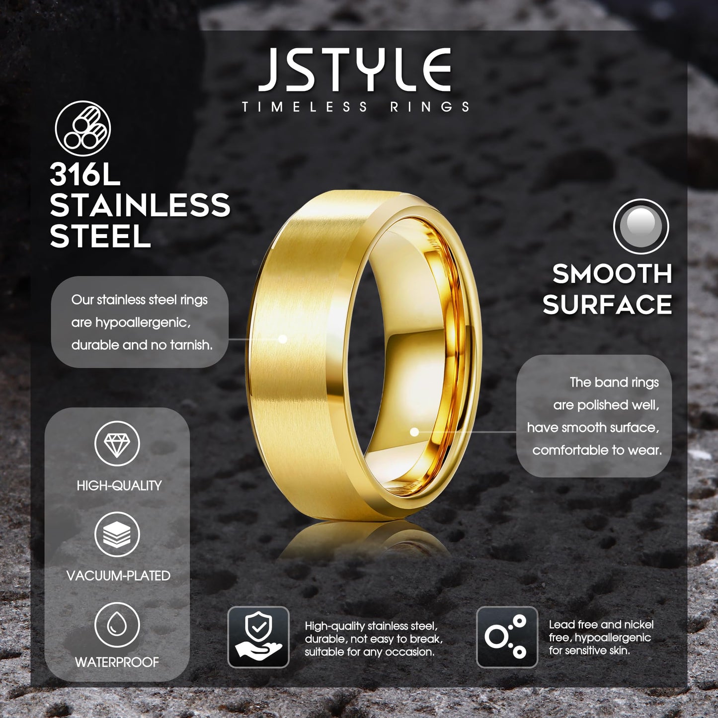 Jstyle Stainless Steel Rings for Men Women 8MM Wedding Band Rings Matte Surface - Beveled Polished Edge Mens Ring Size 6 18K Gold Plated Ring for Men
