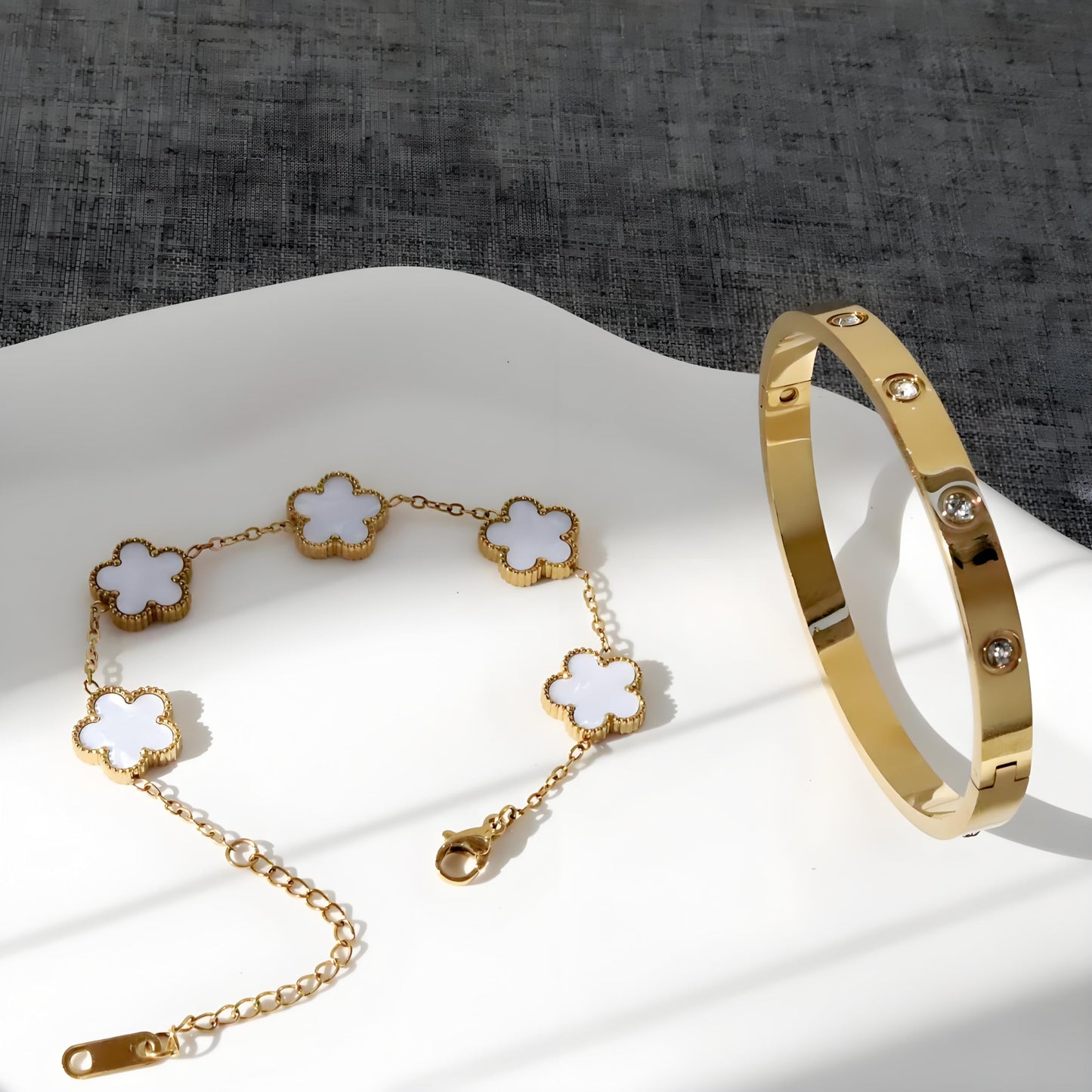 KARCCI 18K Gold Plated Lucky Clover Bracelet and Friendship Love Bangle Bracelets Set for Women Girlfriend Gold Cubic Zirconia Bracelet Set, Christmas Valentines Wedding Birthday Gifts