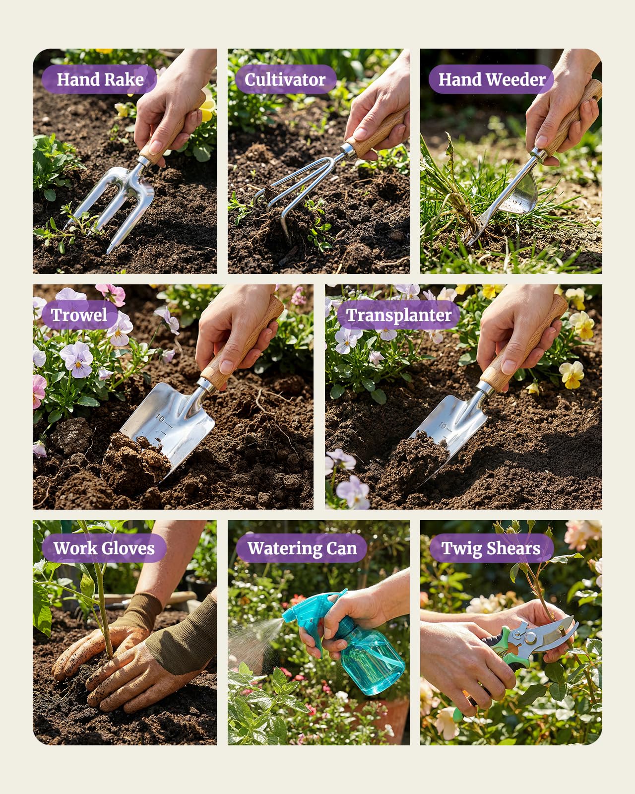 9-Piece Garden Tool Set, Heavy Duty Stainless Steel Rust-Proof Planting Kit with Ergonomic Wood Handles, Durable Metal Organizer Basket with 4 Compartments, Ideal Gardening Gift for Women, Mother