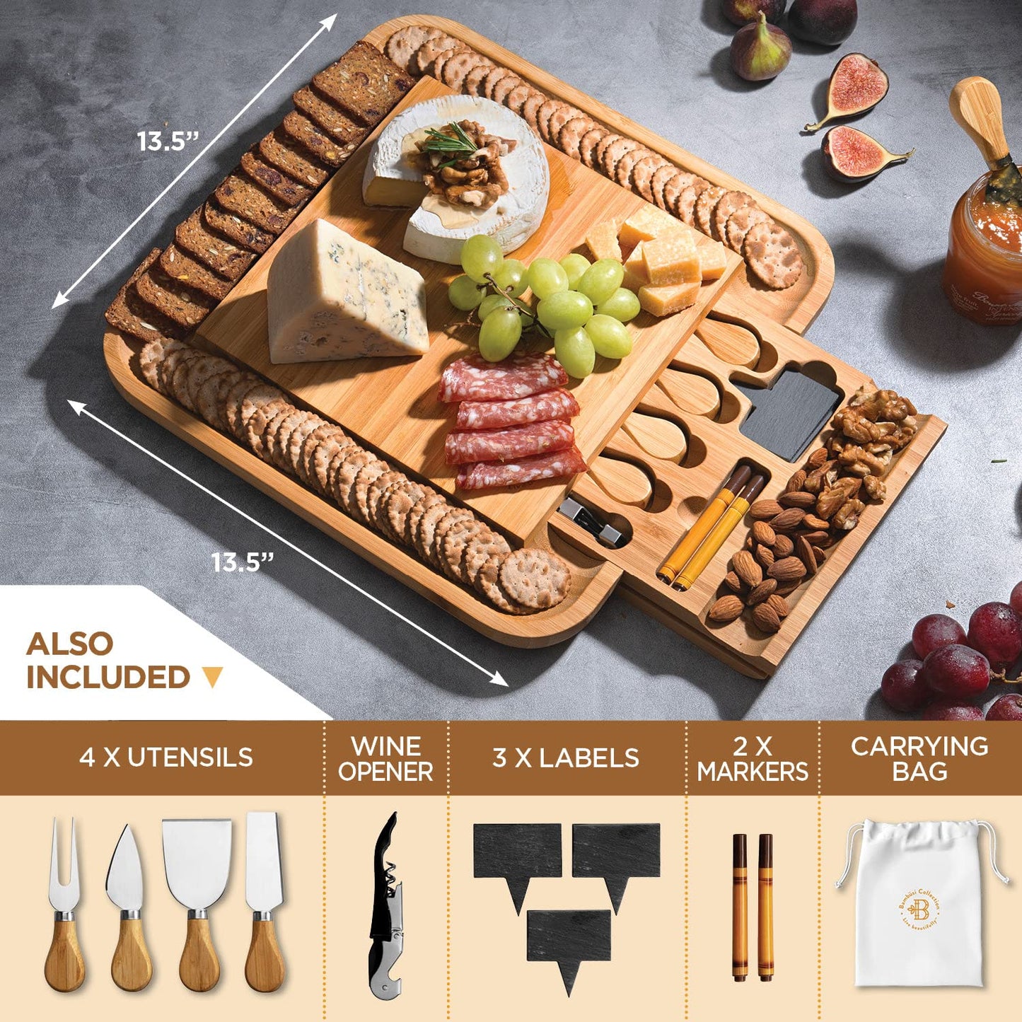 Charcuterie Boards Gift Set - Bamboo Cheese Board Set Charcuterie Tray & Serving Platter for Hosting & Entertaining, Wooden Cheese Platter, Kitchen Gifts for Women, Gifts for Home, Wedding & Birthday