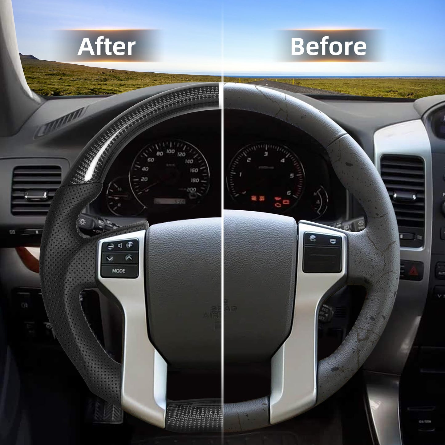 Carbon Fiber Steering Wheel With White Stripe for Toyota Tacoma 2012-2023/Prado LC150 2010-2017/Tundra 2014-2021/4Runner 2010-2024 Steering Wheel D-Shaped Flat Bottom