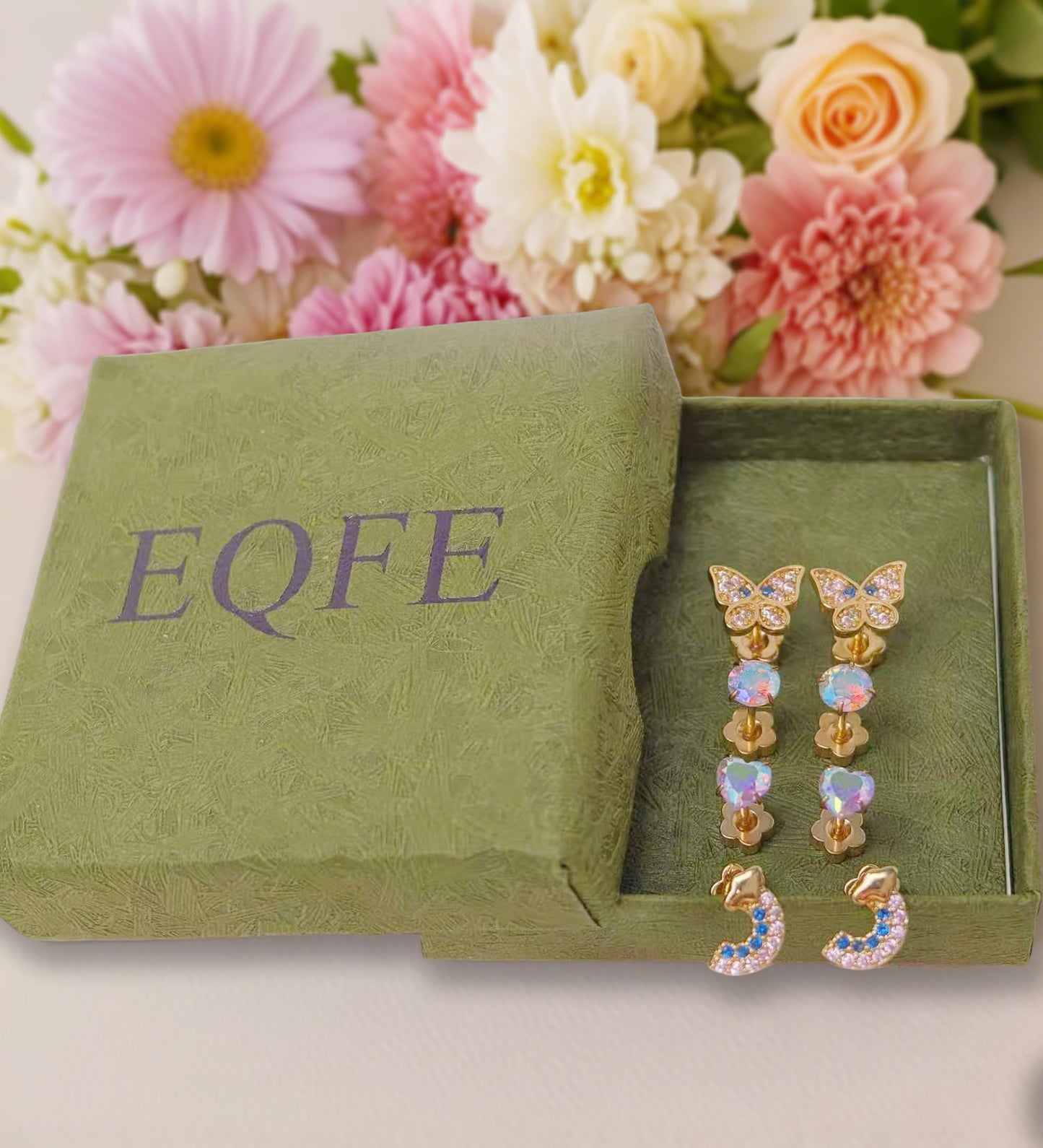 EQFE 4Pairs Hypoallergenic Earrings for Women14K Gold Flat Back Earrings 20G Screw Back Cartilage Earring for Sensitive Skin CZ Heart Butterfly 316L Stainless Steel Stud Earrings