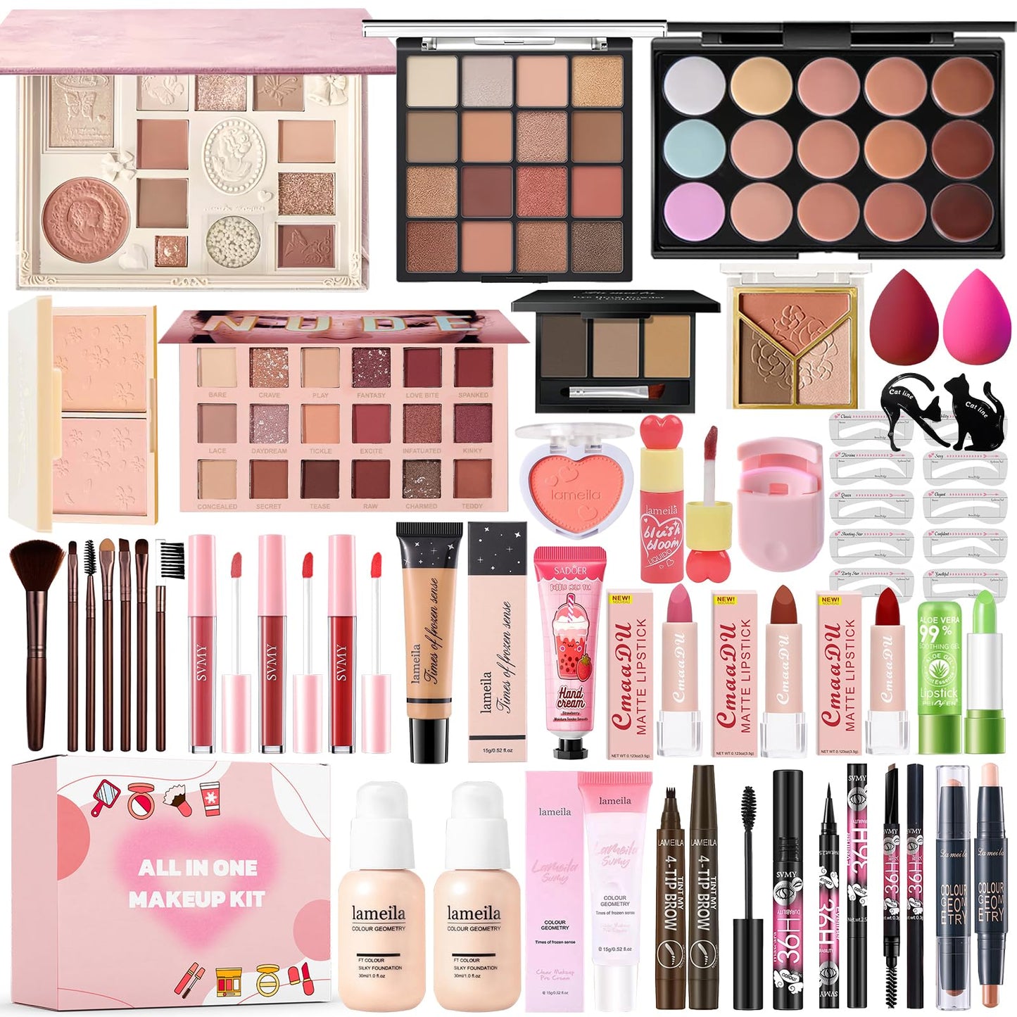 All in One Makeup Kit Makeup Set for Women Full Kit, Make Up Gift Set for Women Teens Girls, Makeup Essential Bundle Includes Eyeshadow Foundation Lipsticks Mascara Eyeliner Cosmetic Brush Set