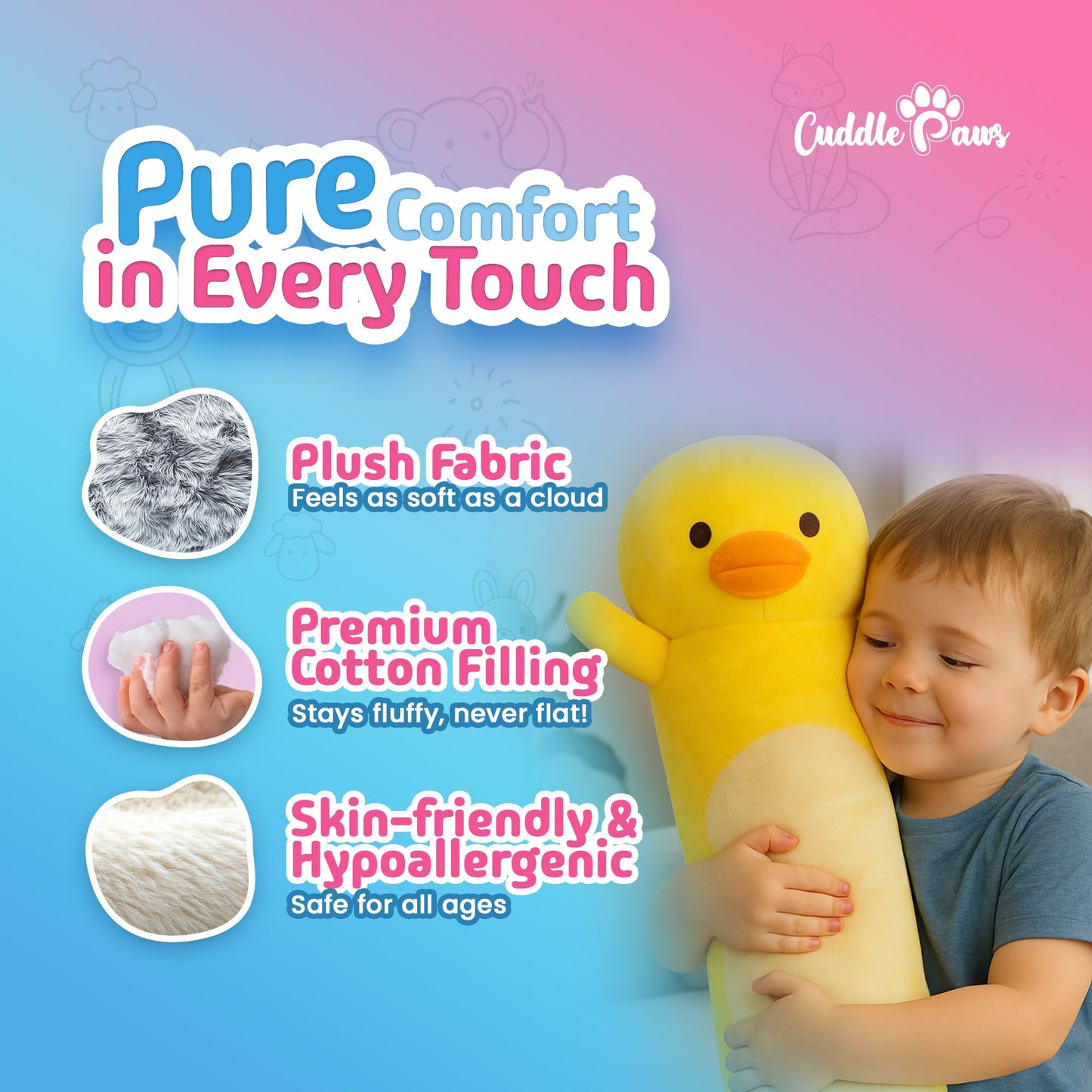 Cuddle Paws Duck Plush Body Pillow for Kids | Long Stuffed Animal Cuddle Pillow | Soft Hugging Toy | Plushie Gift for Girls & Boys | Long Plush Body Pillow for Sleep & Comfort | Medium, 35 Inches