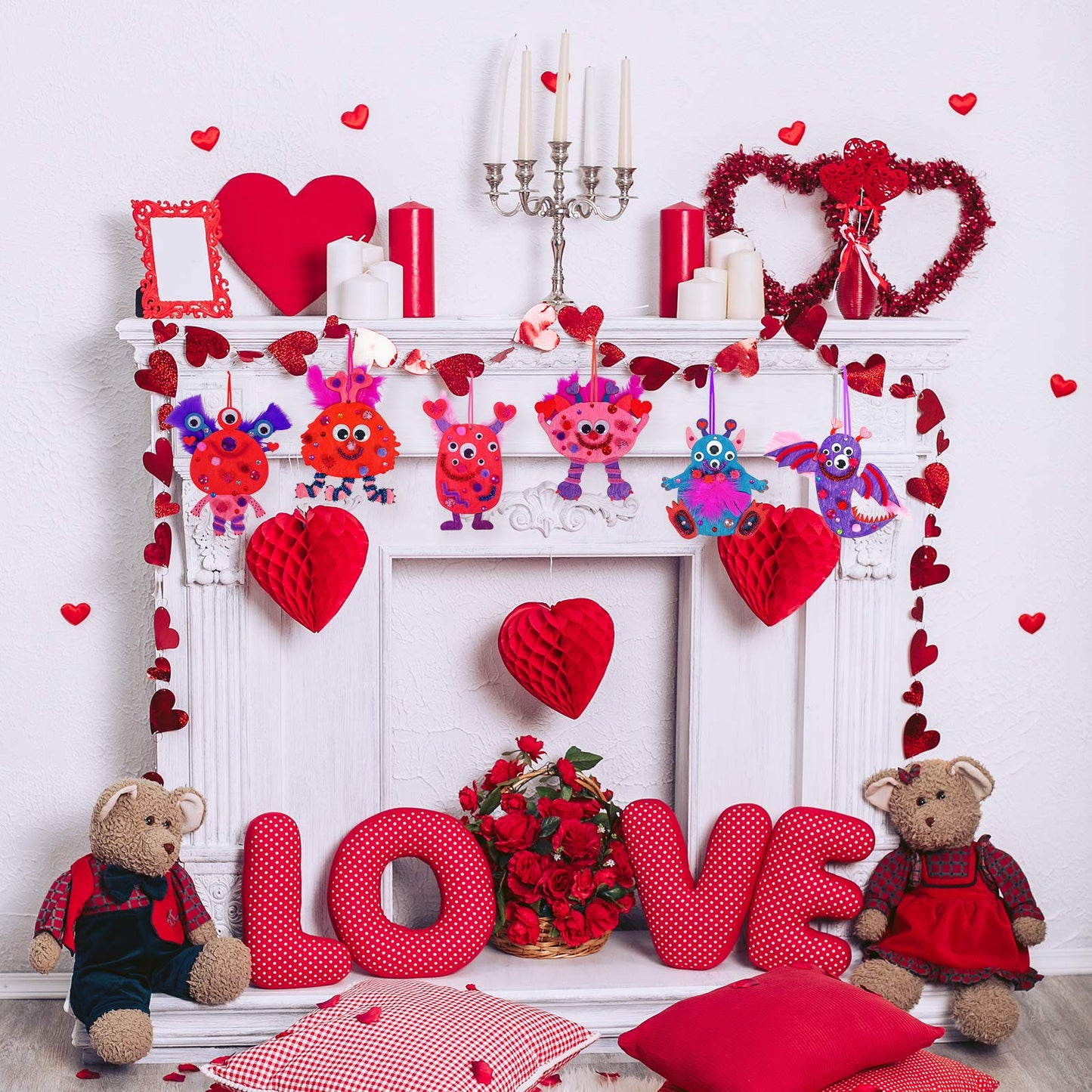 36 Sets Valentine's Day Craft Kits DIY Valentine Monster Wood Ornaments Decorations Art Sets Assorted Paintable Unfinished Wood Monster Cutouts Pom-Poms Googly Eyes for Kids Valentine Party Activity