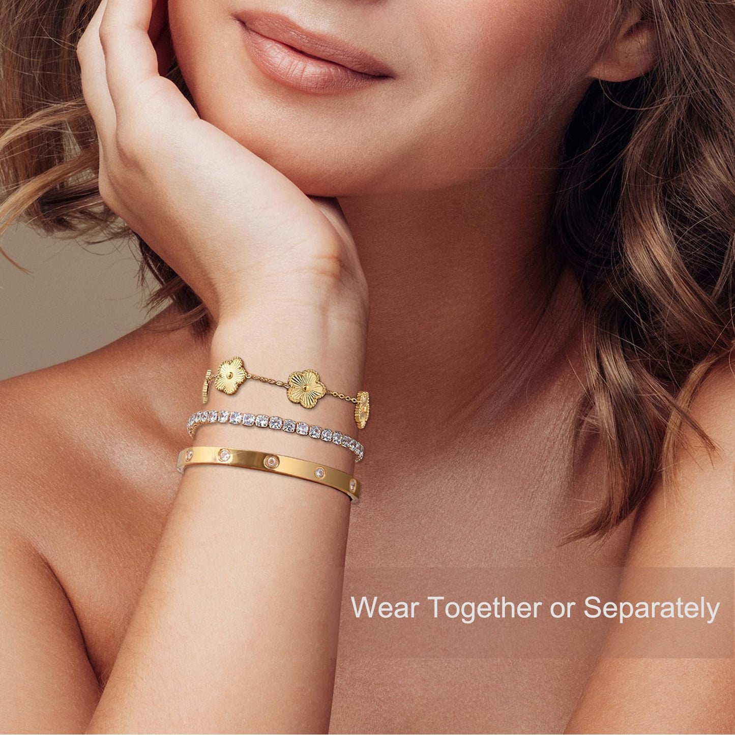 YOUNGGRACE 18K Gold Plated Bracelet Sets for Women - 3PCS Stackable Bracelets Including Bangle, Tennis Chain & Four Leaf Clover Bracelet, Elegant Gold Jewelry Set for Everyday Wear, Gift for Her