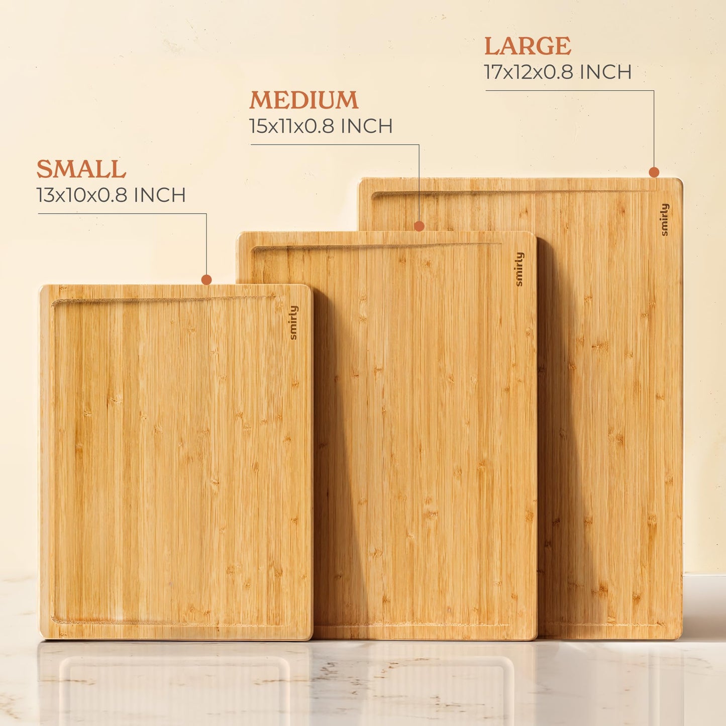 SMIRLY Bamboo Wooden Cutting Boards for Kitchen, Set of 3 Large - Small, Bamboo Wood Cutting Board Set with Deep Juice Grooves, Non Toxic Serving Tray, Perfect Mother's Day Gifts