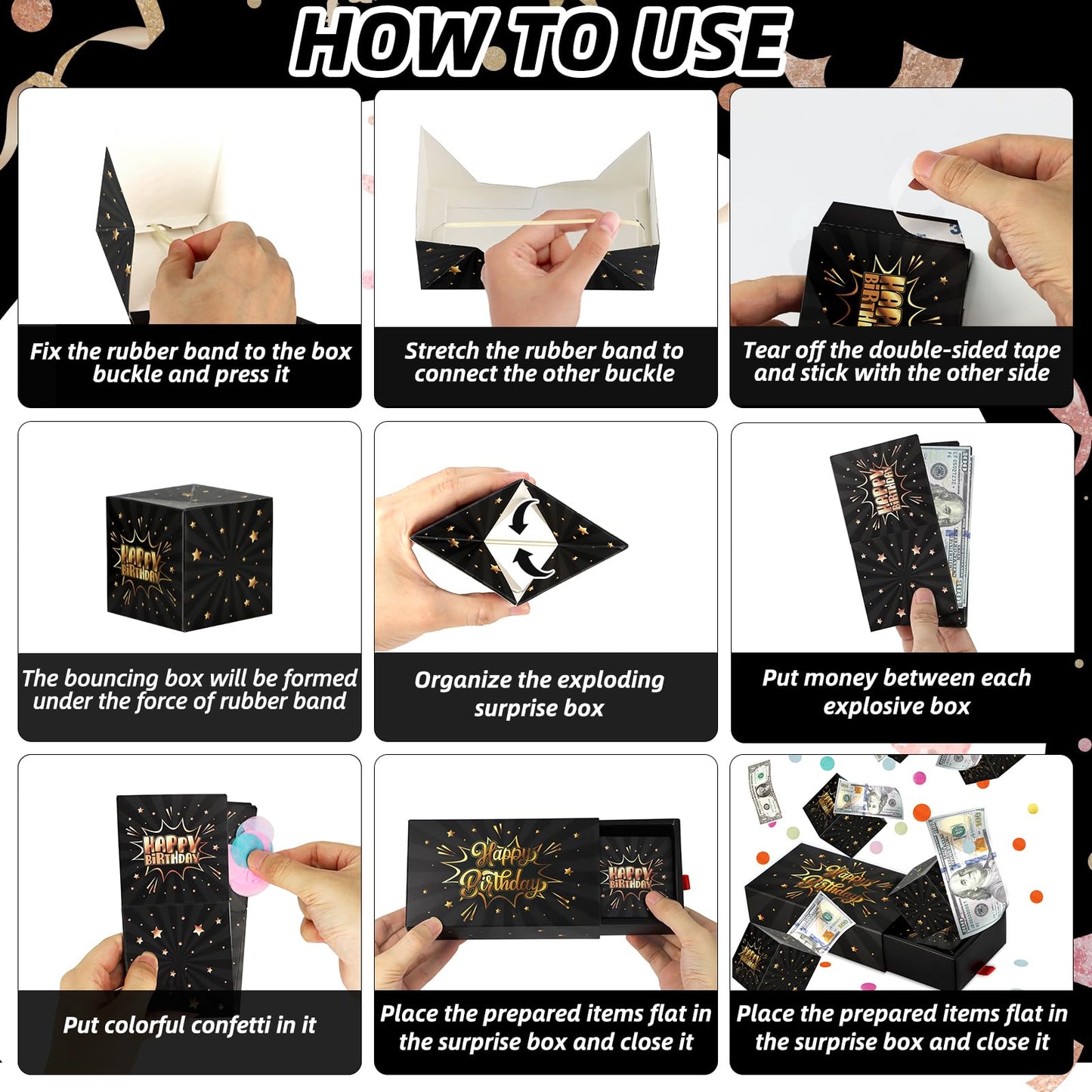 WenmthG Happy Birthday Surprise Gift Box Explosion for Money - DIY Pop Out Folding Bounce Explosion Gift Box with Confetti - Birthday Money Bank - Cash Gift Idea for Women Men Kids (Black Gold)
