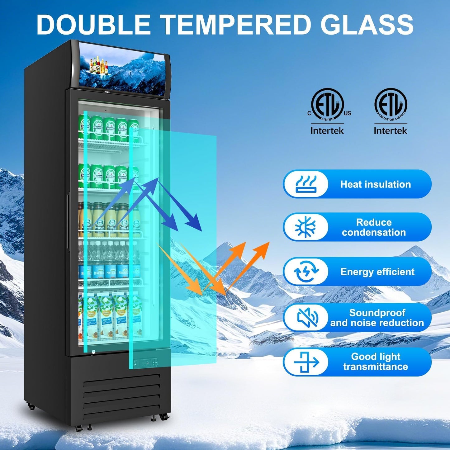 Rockitch Commercial Beverage Refrigerator with 1 Glass Door, 12.3 Cu.ft Commercial Upright Display Merchandiser, Drink Cooler Fridge with LED Light, Lock Wheels for Bar, Shop, ETL Approved