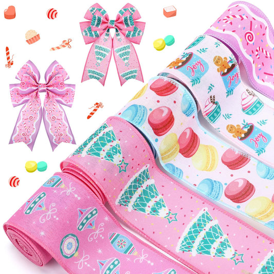 5 Roll 30 Yard Pink Christmas Candy Ribbon Wired 2.5 in Fabric Candy Pastel Christmas Wired Edge Ribbon for Xmas Tree Decorations, Gift Wrapping Wreath DIY Making Bow Crafts