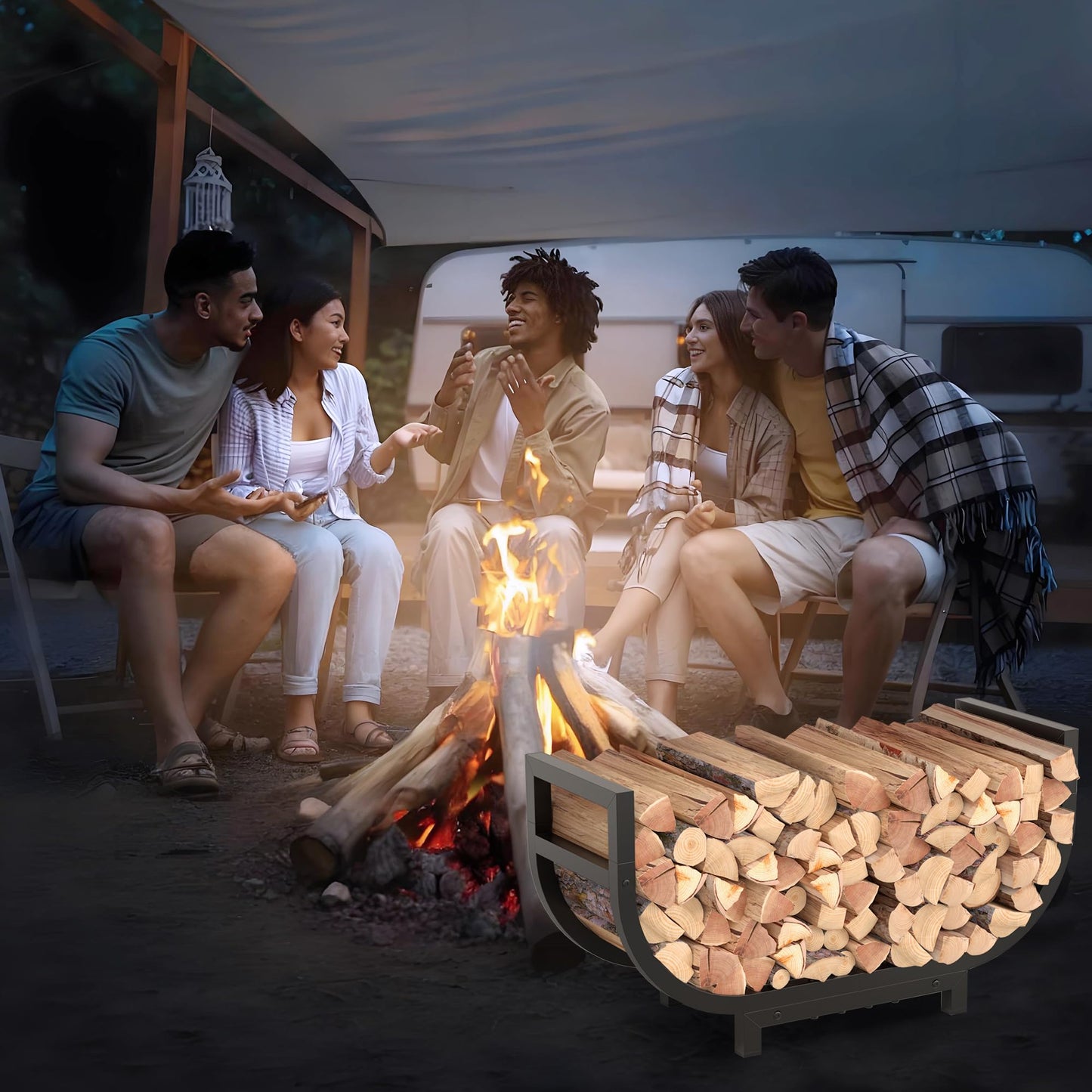 HXJLJY 30-inch Firewood Rack Outdoor Indoor with Log Carrier Bag, Stable Log Holder Rustproof Metal Wood Rack for Fireplace Patio Deck Firepit, Heavy Duty Firewood Storage Organizer Tool, Black