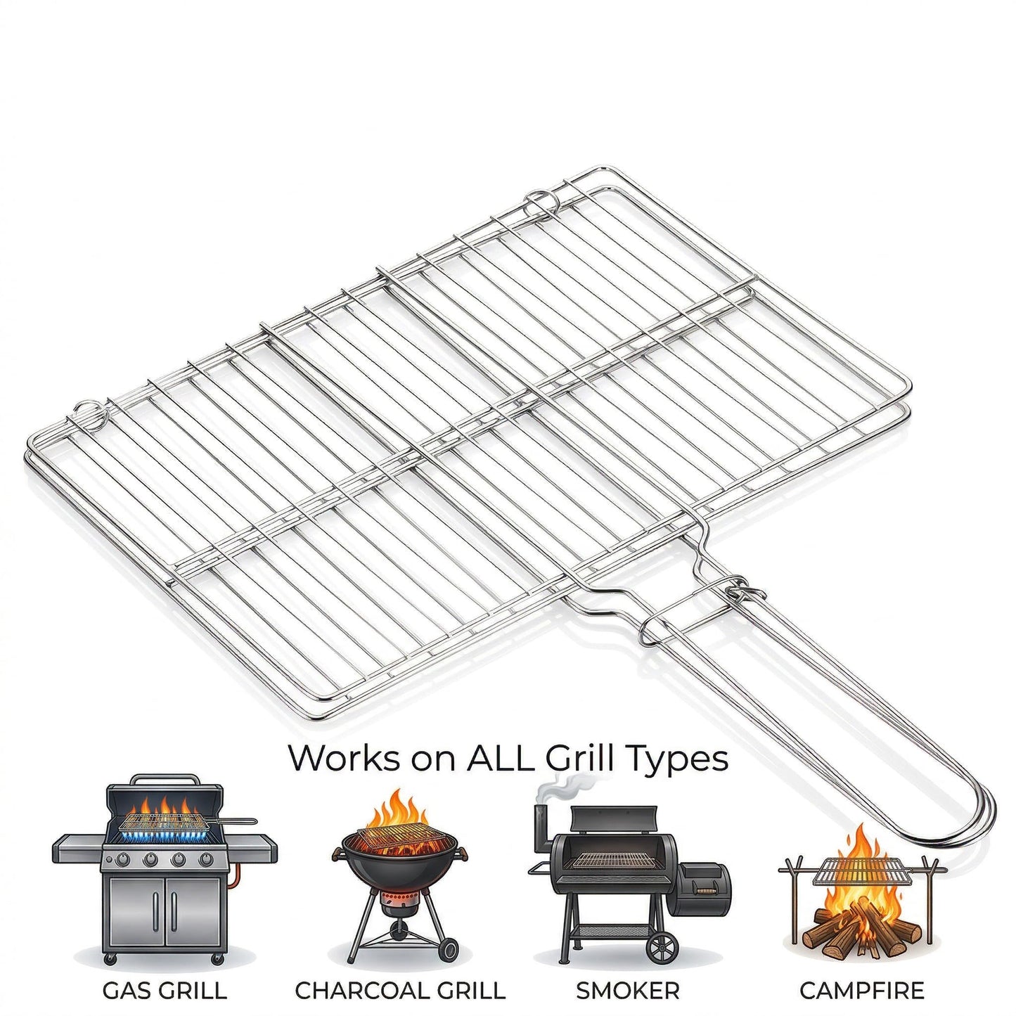 Stainless Steel Fish Grill Basket for Outdoor BBQ, Heavy Duty Lockable Grilling Rack for Fish Vegetables Steak Veggies Shrimp Meat, Portable Campfire Cooking Mesh Grate Tool, 12 x 8 Inch