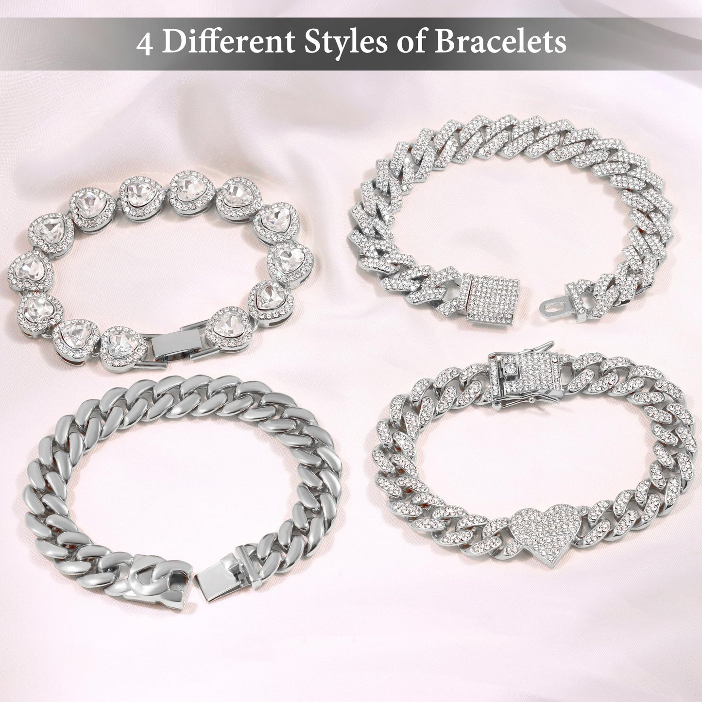 shopbyskyler 4PCS Gold Bracelets for Women Silver Clustered Tennis Bracelet for Women Heart Round Diamond Cuban Bracelet Layered Link Bracelet Set Fashion Jewelry for Women Set (Silver-2, 8inch)