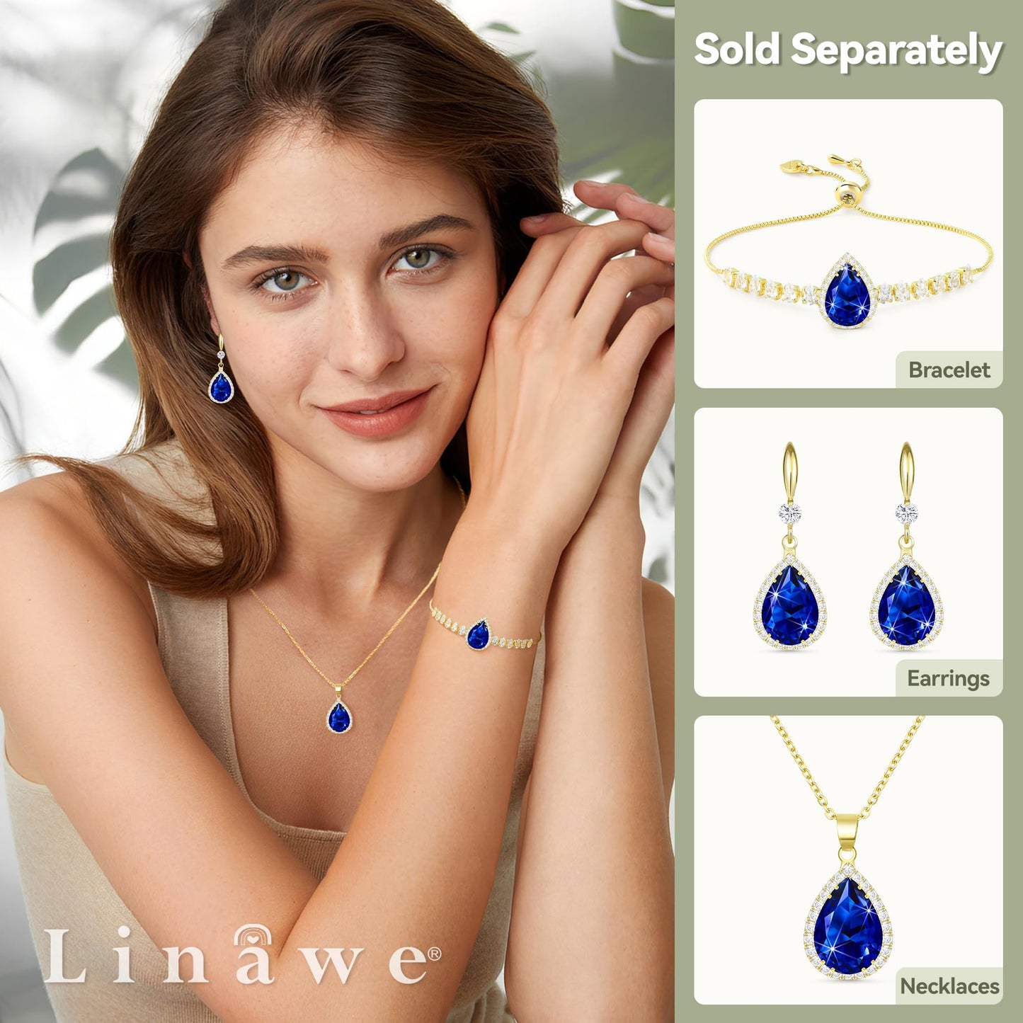 Linawe Sapphire Crystal Navy Blue Imitation Diamond Pendant Necklace for Women Trendy, Dainty Moonstone Moissanite Boho Wedding Bride Preppy Jewelry Set 14K Gold