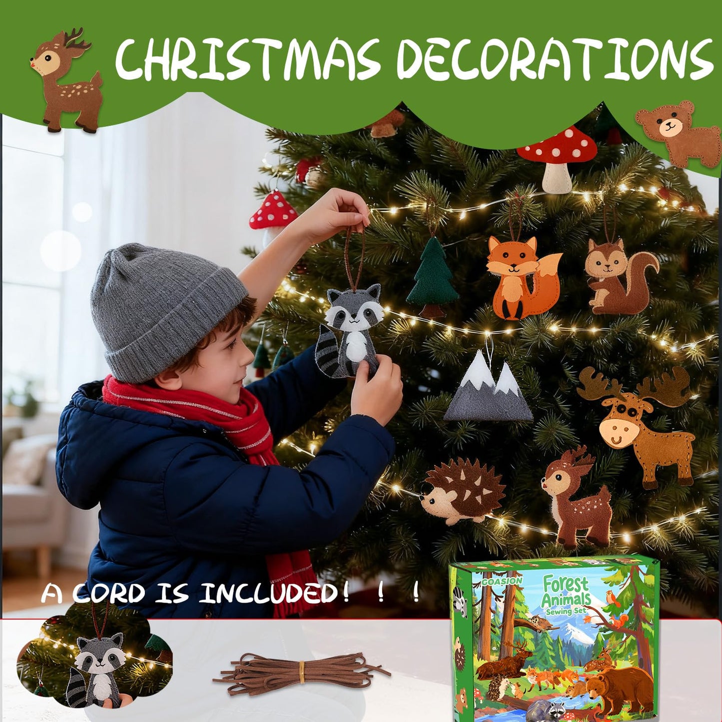 GOASION Sewing Kit for Kids, Woodland Animals Kids Sewing Kit, Pre Punched Design for DIY Hanging Decorations, Sewing Tit for Beginners Age 8-12, Boys & Girls Birthday Gift