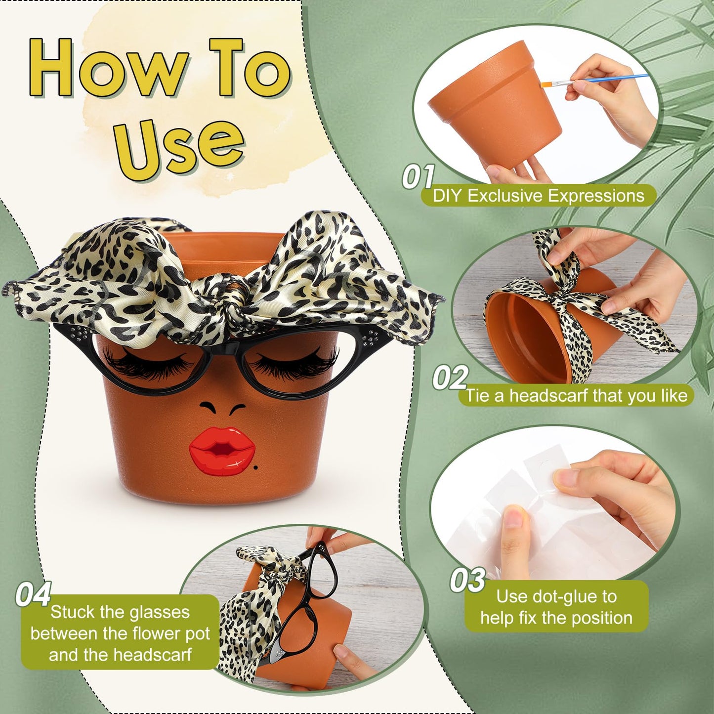 Sliner 6 Set Cute Face Flower Pot Head Planter Funny Plant Pots Painting Kit Include Glasses Silk Scarf Acrylic Paint Glasses Flower Sister Planter Adults Art Painting Spring DIY Crafts