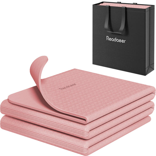READAEER Foldable Yoga Mat for Travel Folding Yoga Mat 6mm Thick with Carrying Bag, Non-Slip TPE Exercise Pilates Mat for 72" L x 24" W x 0.24 Inch (Pink)