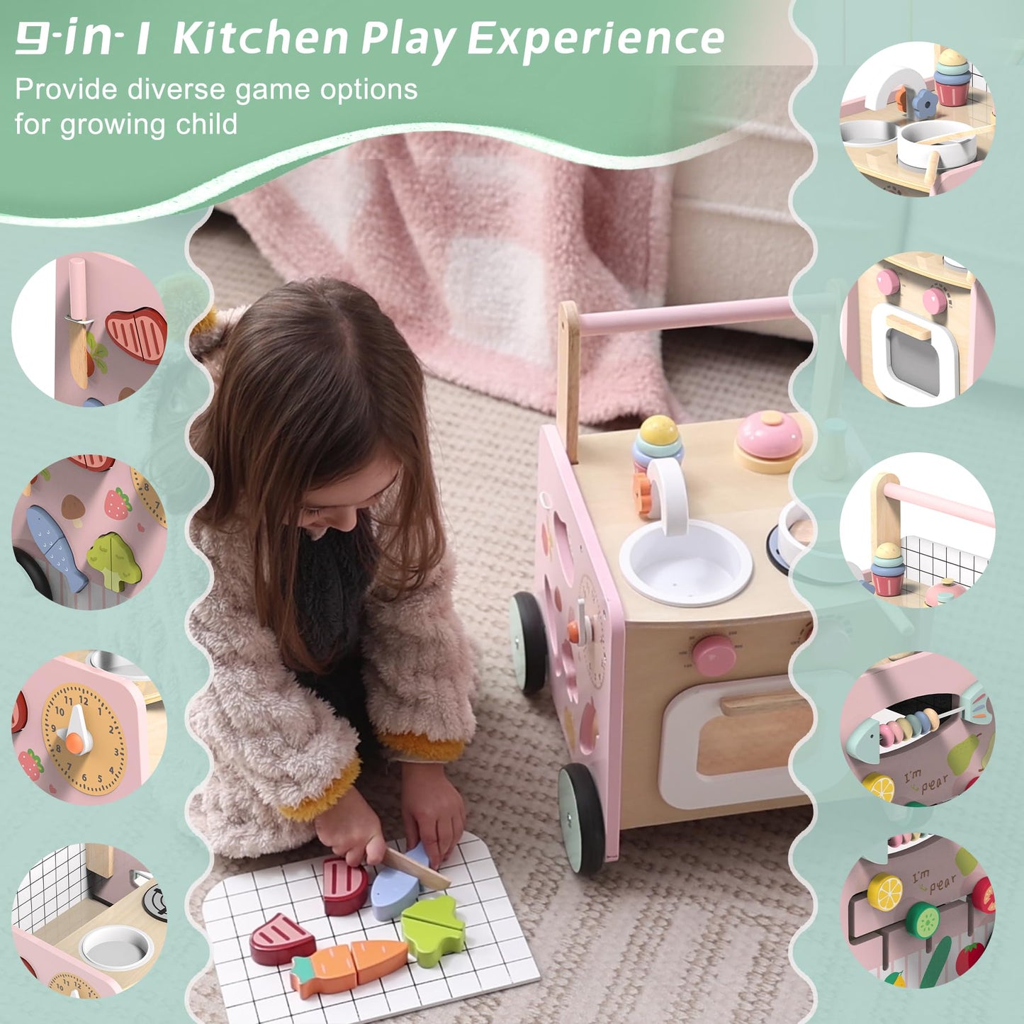 wiqins Wooden Baby Walker 9-in-1 Activity Center with Toddlers Montessori Sensory Toys and Play Kitchen Push Walker for Kids with Wheels and Storage Space, Ideal Gift for Girls Boys Ages 6-36 Month