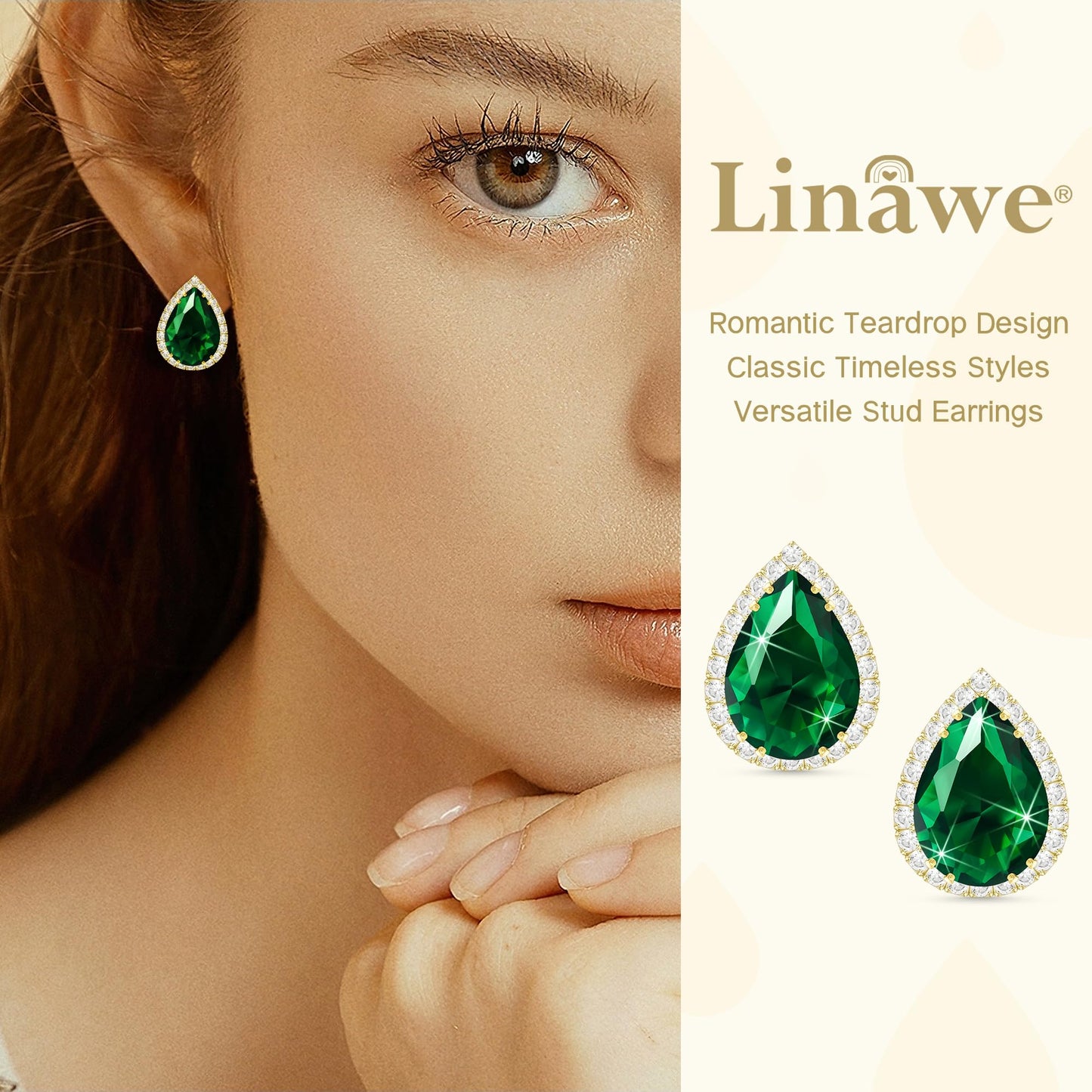 Linawe Emerald Gold Cubic Zirconia Earrings Studs, Statement Imitation Diamond Stud Earrings Women, Teardrop Rhinestone Crystal Formal Earring Set, Wedding Bridal Bridesmaid Jewelry