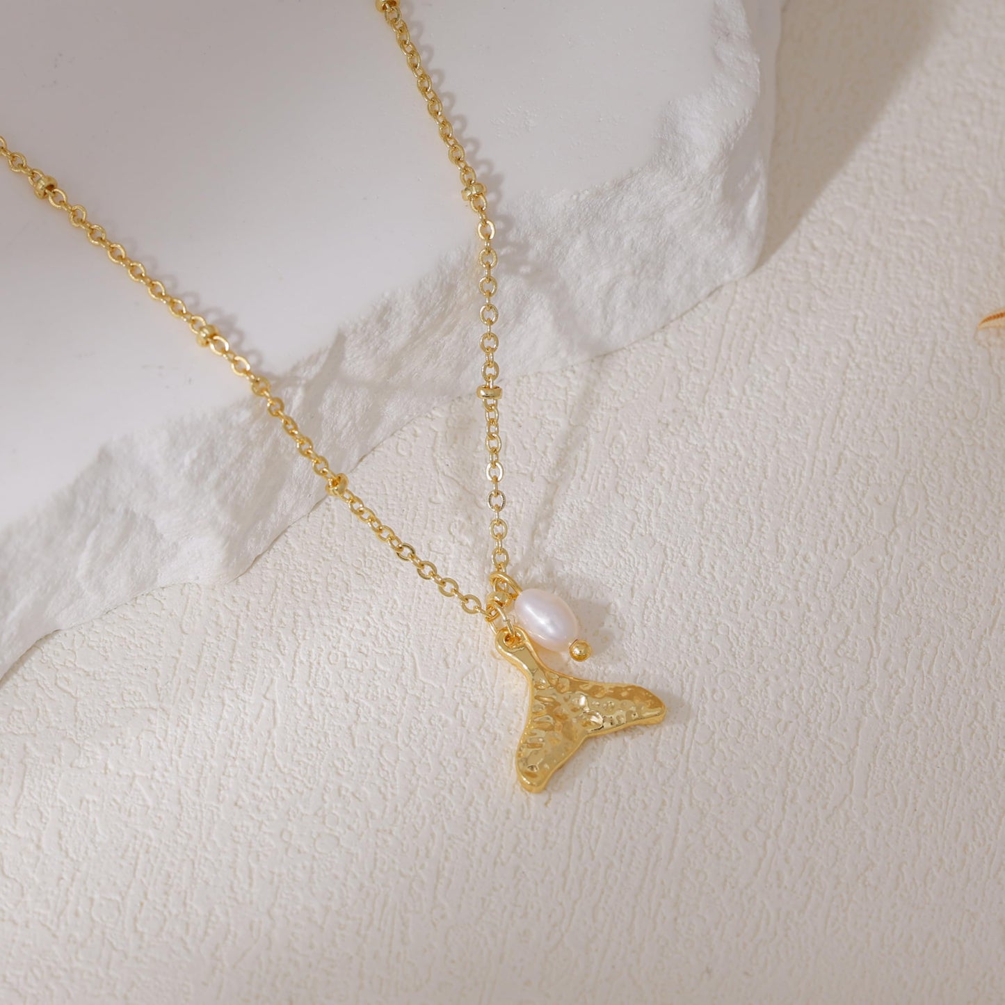 Dainty Gold Necklace for Women,14K Gold Plated Pearl Necklace Trendy Simple Whale Tail Necklaces Cute Fashion Summer Beach Pearl Jewelry for Women