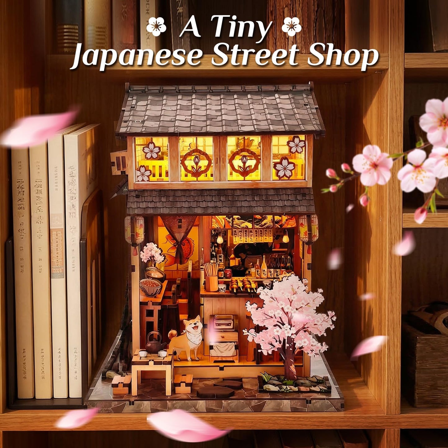 Reenovan Book Nook Kit, DIY Miniature House Kit for Adults & Teens, Japanese Street Shop Scene Bookshelf Insert Decor with LED, 3D Wooden Puzzle Gift for Book Lovers (Sakura Street Shop)