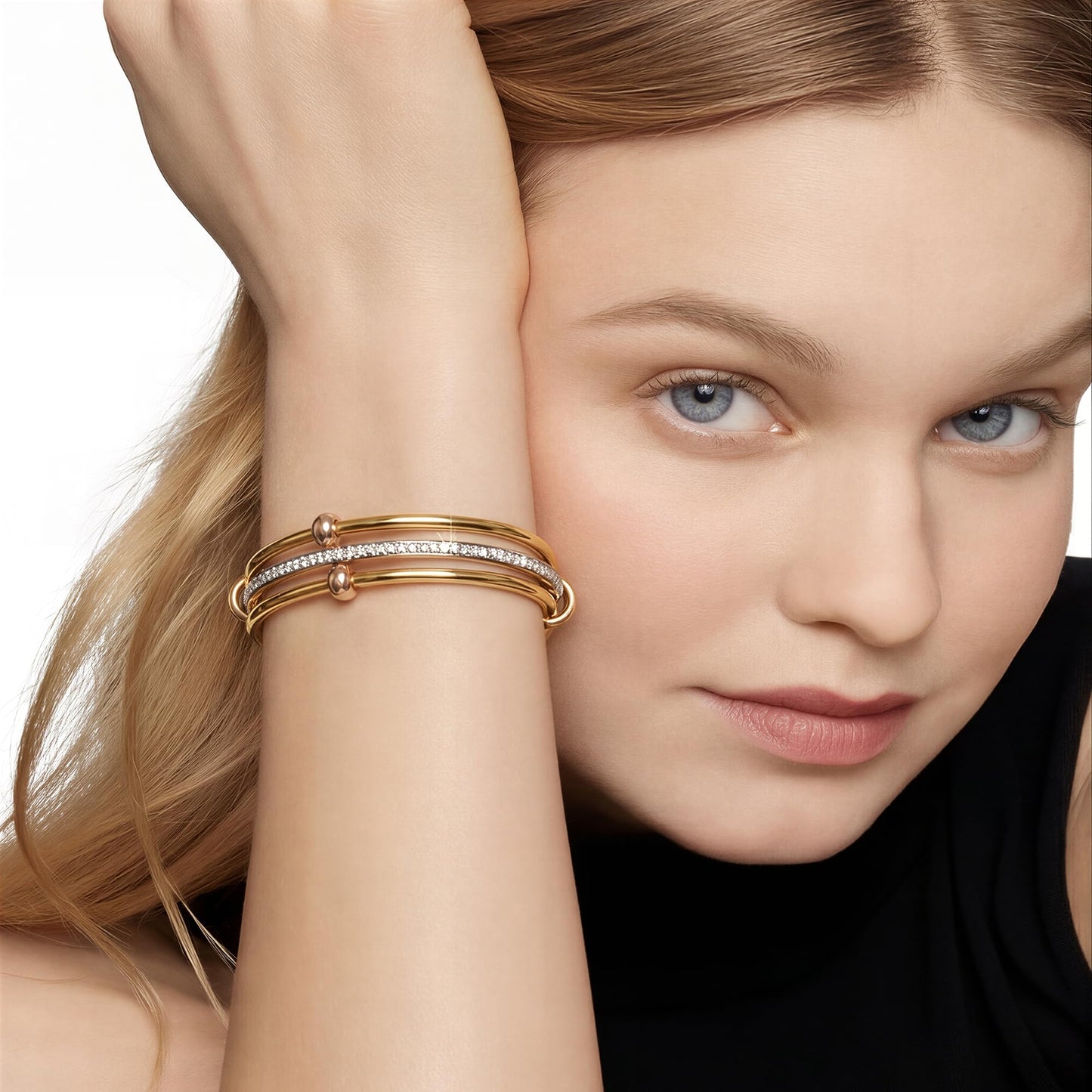 Musishiyu Gold Bracelets for Women Stacking Bangle - 18K Mixed Metal Tri-Color Rolling Interlocking Bands, Cubic Zirconia Fidget Anxiety Jewelry, Perfect Gifts for Mom Wife Grandma