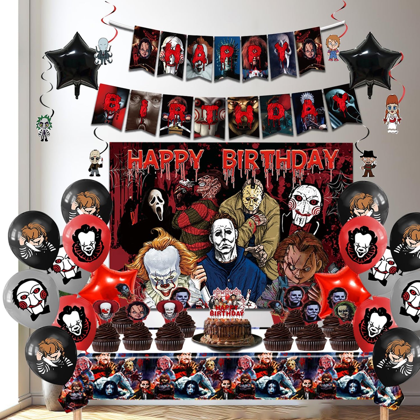 Mtgluk Horror Birthday Party Decorations Kit – 38 Pcs Halloween Themed Supplies with Banner, Backdrop, Tablecloth, Balloons & Cake Toppers for Spooky Celebrations