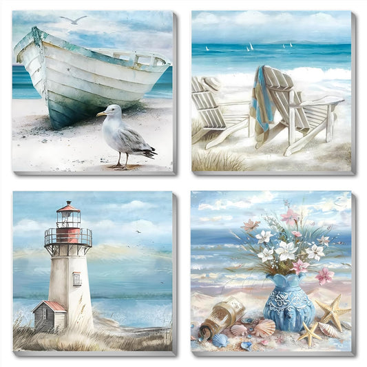 4 Packs Beach Paint by Numbers Kit for Adults Beginners with Frame, DIY Sea Side Adult's Paint by Number on Canvas, Watercolor Oil Painting Numbers Arts and Crafts Kits for Home Wall Decor 8 x 8 Inch