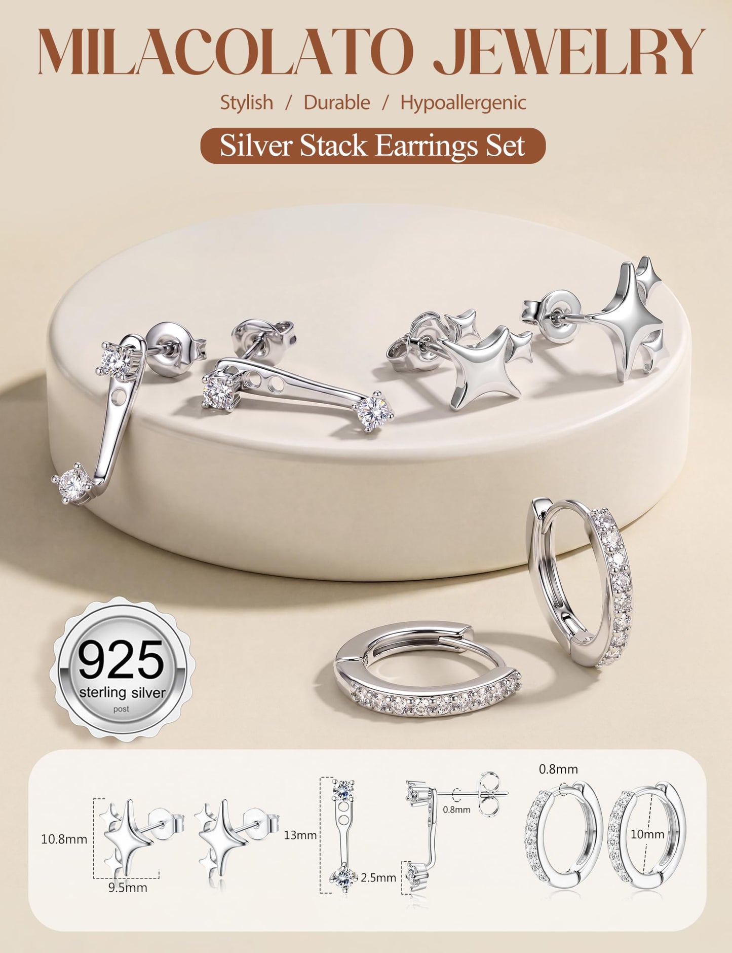 MILACOLATO 925 Sterling Silver Earrings for Women, Sterling Silver Filled Small Huggie Hoop Earrings Sets for Multiple Piercing Hypoallergenic Jewelry, CZ Cartilage Earrings Stacks Trendy Jewelry Gifts, 3 Pairs-C
