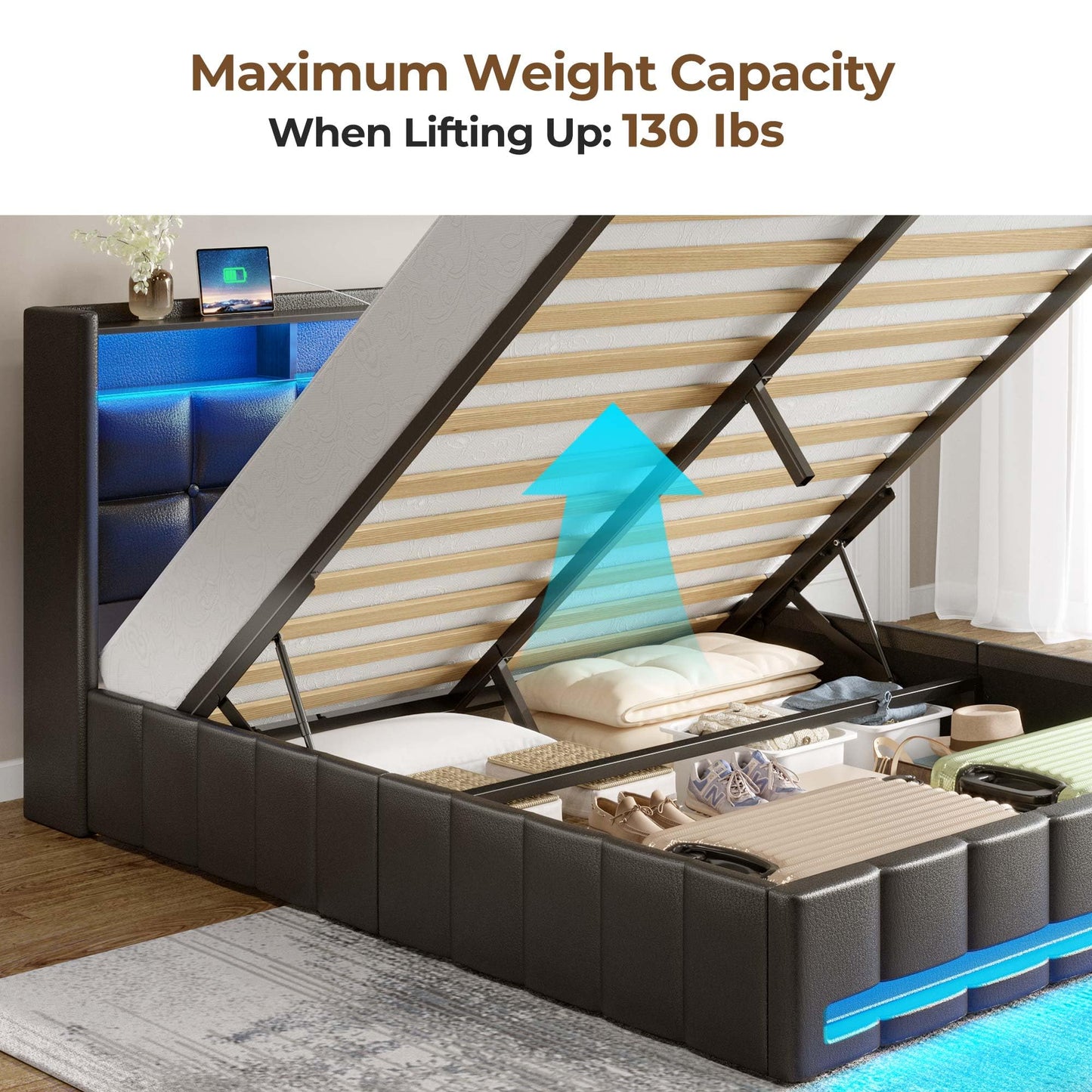 Rolanstar Bed Frame Queen Size with Lift Up Storage, Charging Station & LED Lights, Upholstered Storage Headboard, Heavy Duty Wooden Slats, No Box Spring Needed, Noise Free, Easy Assembly, Black