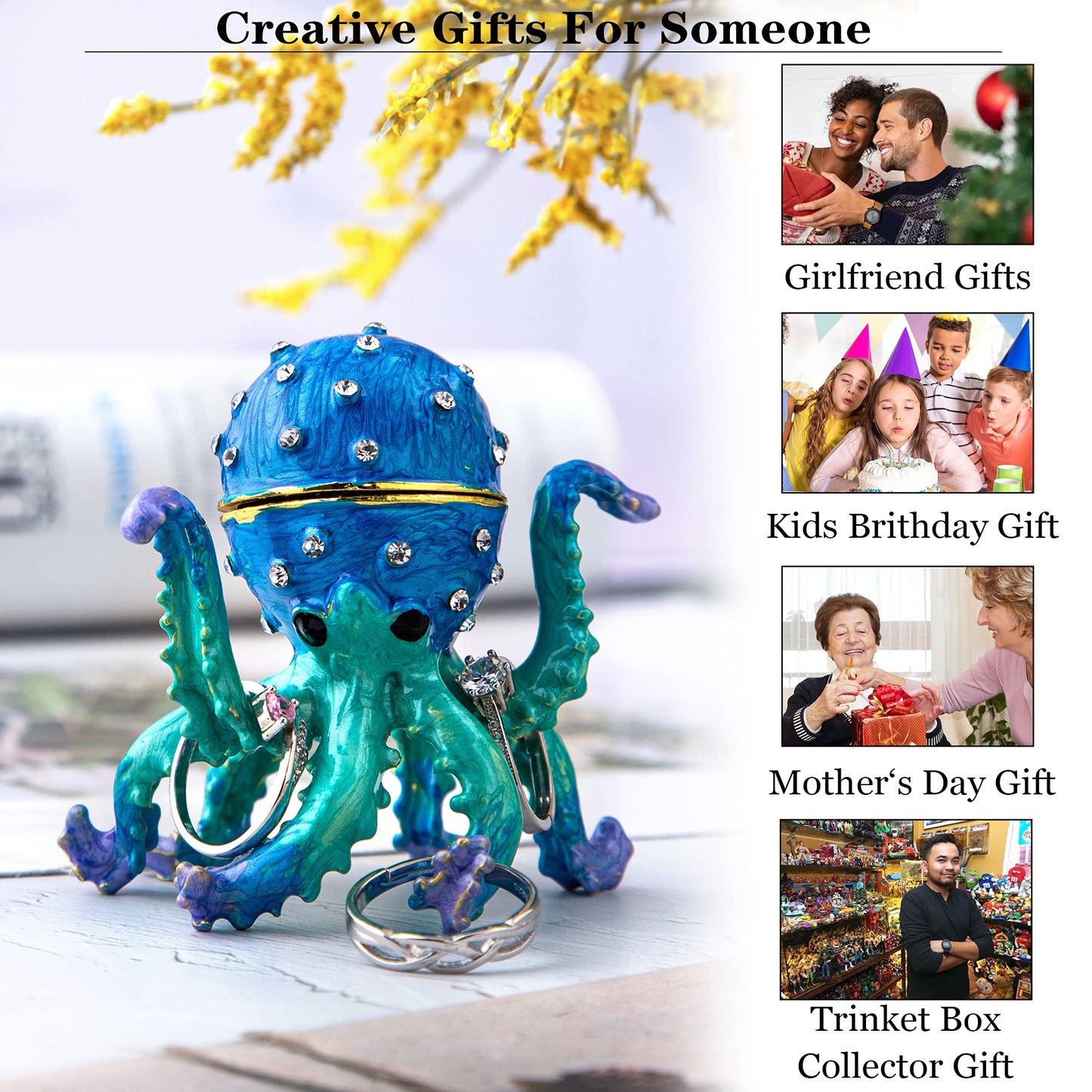 YU FENG 2.5'' Hand-painted Enamel Octopus Jewelry Trinket Box Hinged Jewelry Organizer with Crystals Ring Earring Storage Box Blue Sea Animal Figurine Keepsake Collectible Christmas Gift